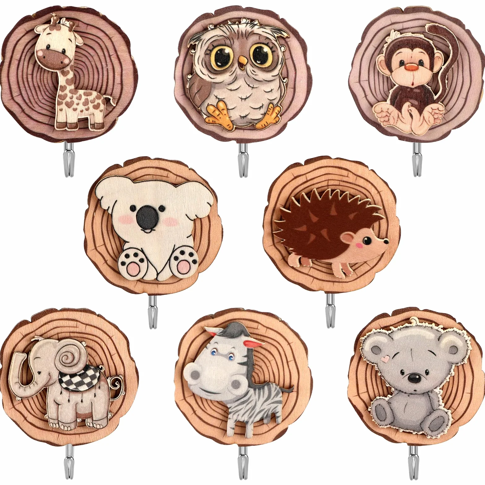 Ganci Autoadesivi per Bambini a Forma di Animale, 8 Pezzi, Ganci in Legno per Asciugamani e Cappelli