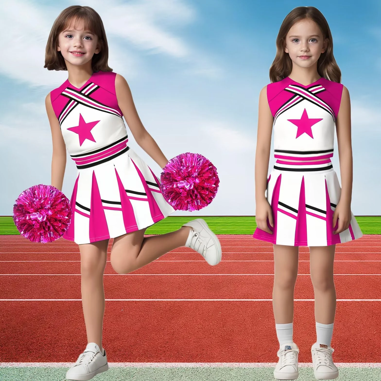 Costume da Cheerleader per Bambina con Pon Pon e Cerchietto per Capelli Uniforme Carnevale Halloween