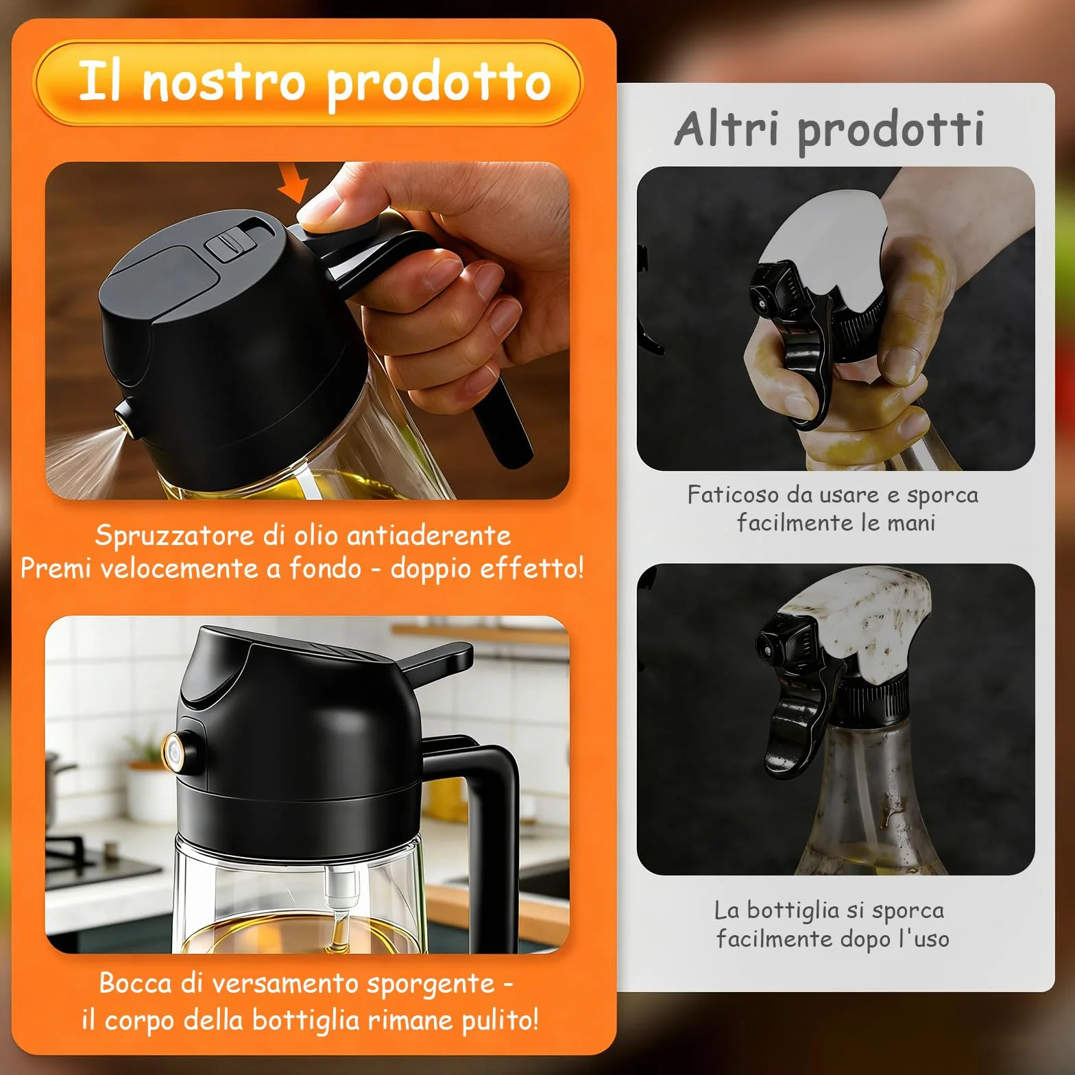 Spruzzatore per Olio 2 in 1 470ml per Friggitrice ad Aria Calda, Erogatore da Cucina Nero