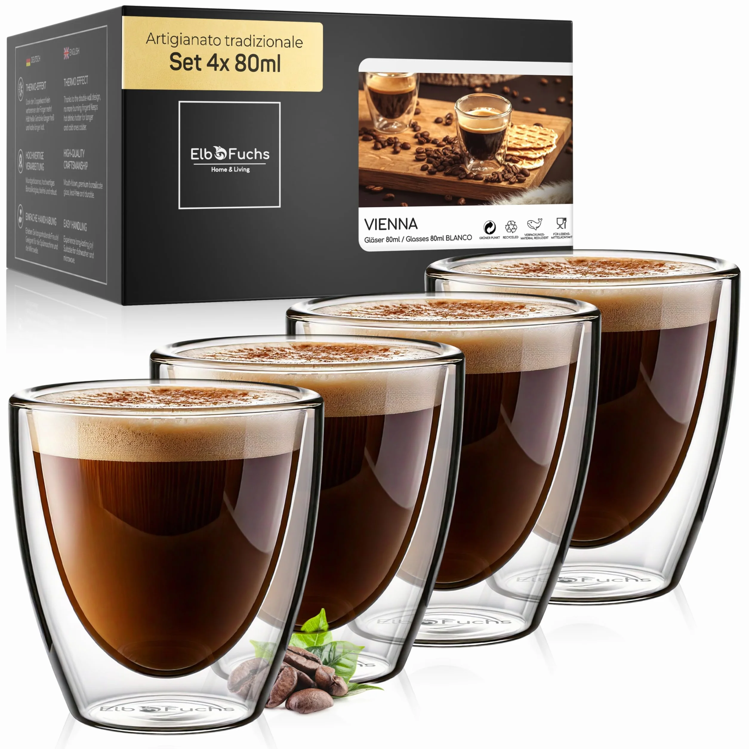 ElbFuchs® Set di tazzine caffè in vetro doppia parete 80ml 4 pezzi per espresso regalo