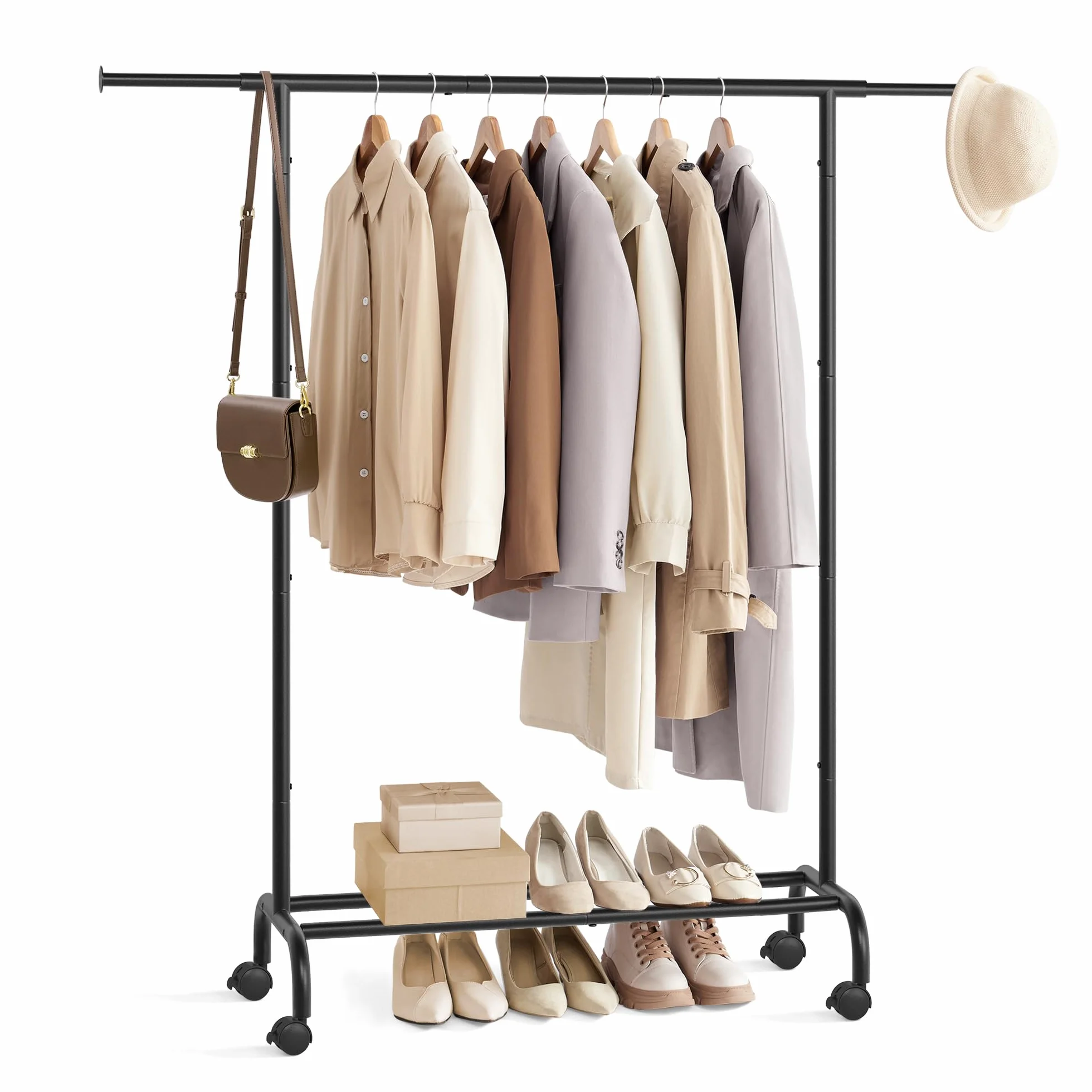SONGMICS Stand Appendiabiti con Ruote, Attaccapanni Estensibile in Metallo, 40x(83-120)x156 cm, 45 kg, Nero HSR134B01