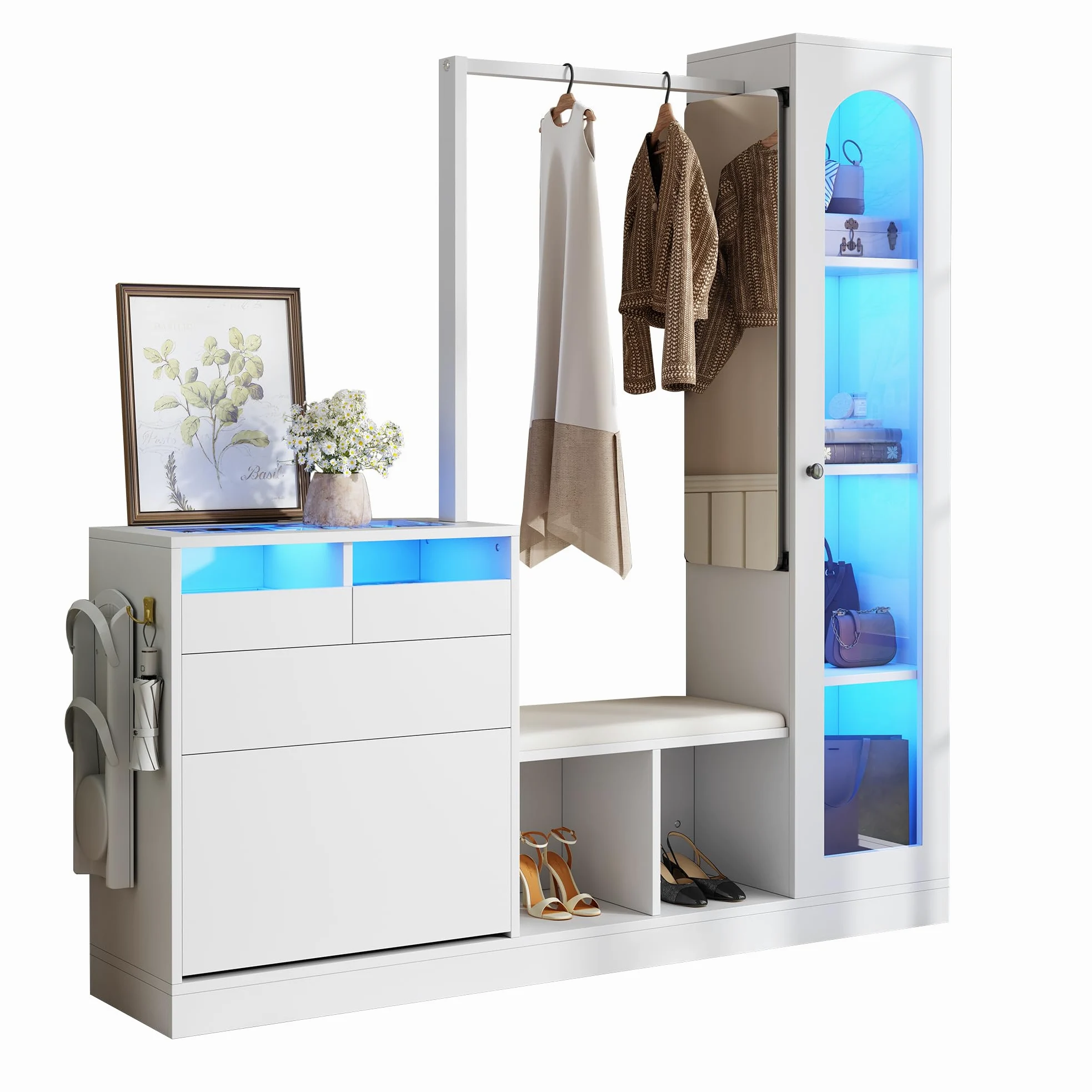 Azkoeesy Set appendiabiti multifunzionale con luce LED, 6 in 1, bianco, moderna combinazione di ingresso con scarpiera | panca imbottita | vetrina in vetro | specchio in vetro | asta appendiabiti |