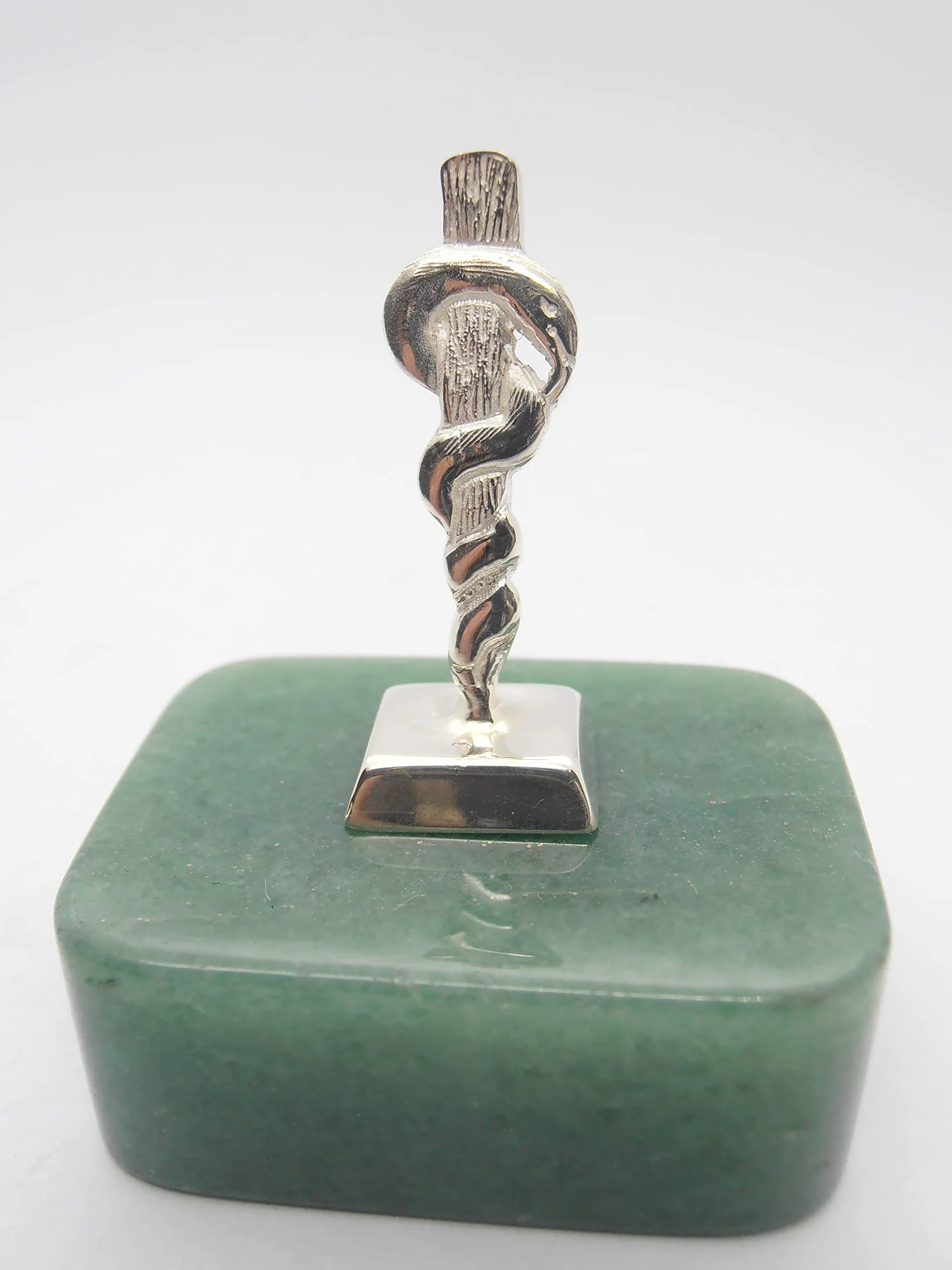 Bastone di Esculapio Simbolo di Asclepio Argento 925 Avventurina Naturale Verde Fermacarte Soprammobile