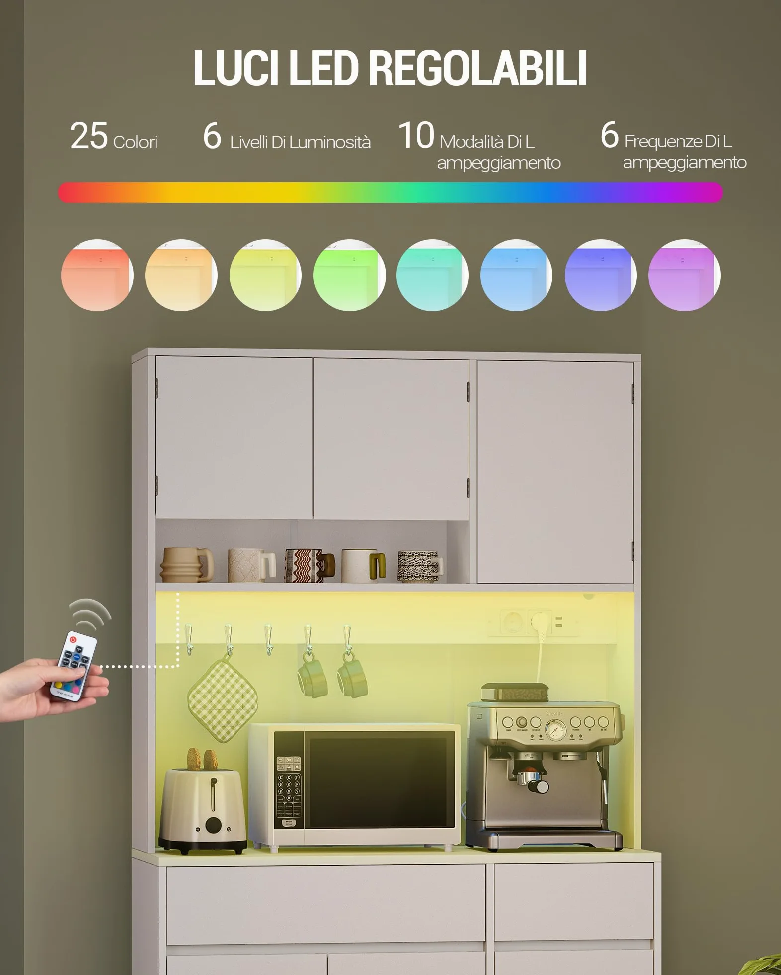 Hzuaneri Credenza Cucina Alta, Credenza Soggiorno, con Multipresa e Striscia Luminosa a LED, Ampia Superficie di Lavoro, Ripiani Regolabili, Cucina, Soggiorno, 40 x 100 x 180 cm, Bianco PT00203XEU