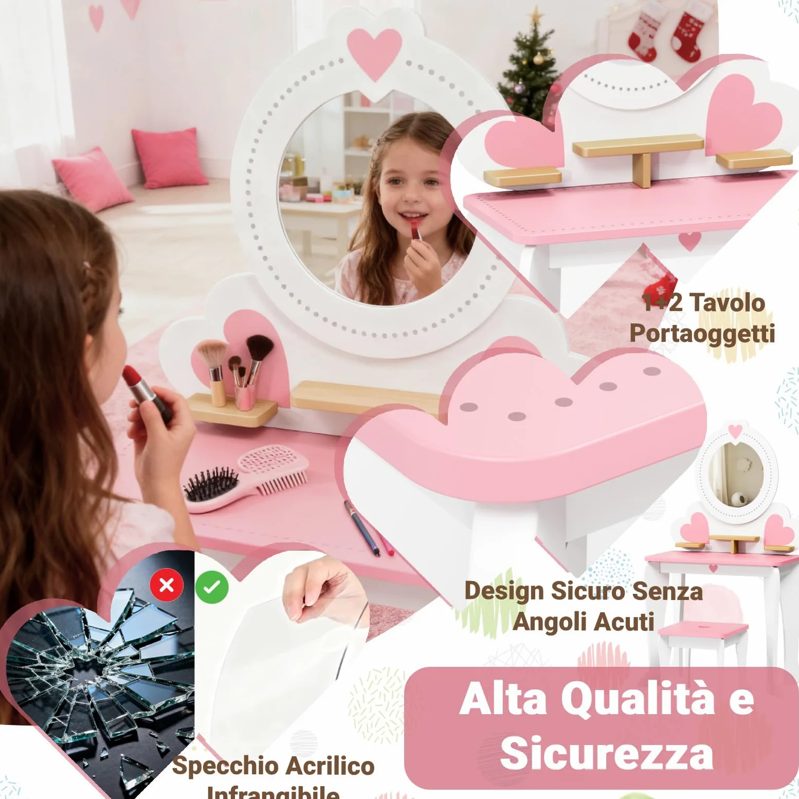 Clevich 2 in 1 Toeletta per Bambini, Toeletta da Trucco con Specchio Bambini, Scrivania in Legno con Sgabello, Robusto e Durevole, per Bambini dai 3-8 Anni (Bianco)