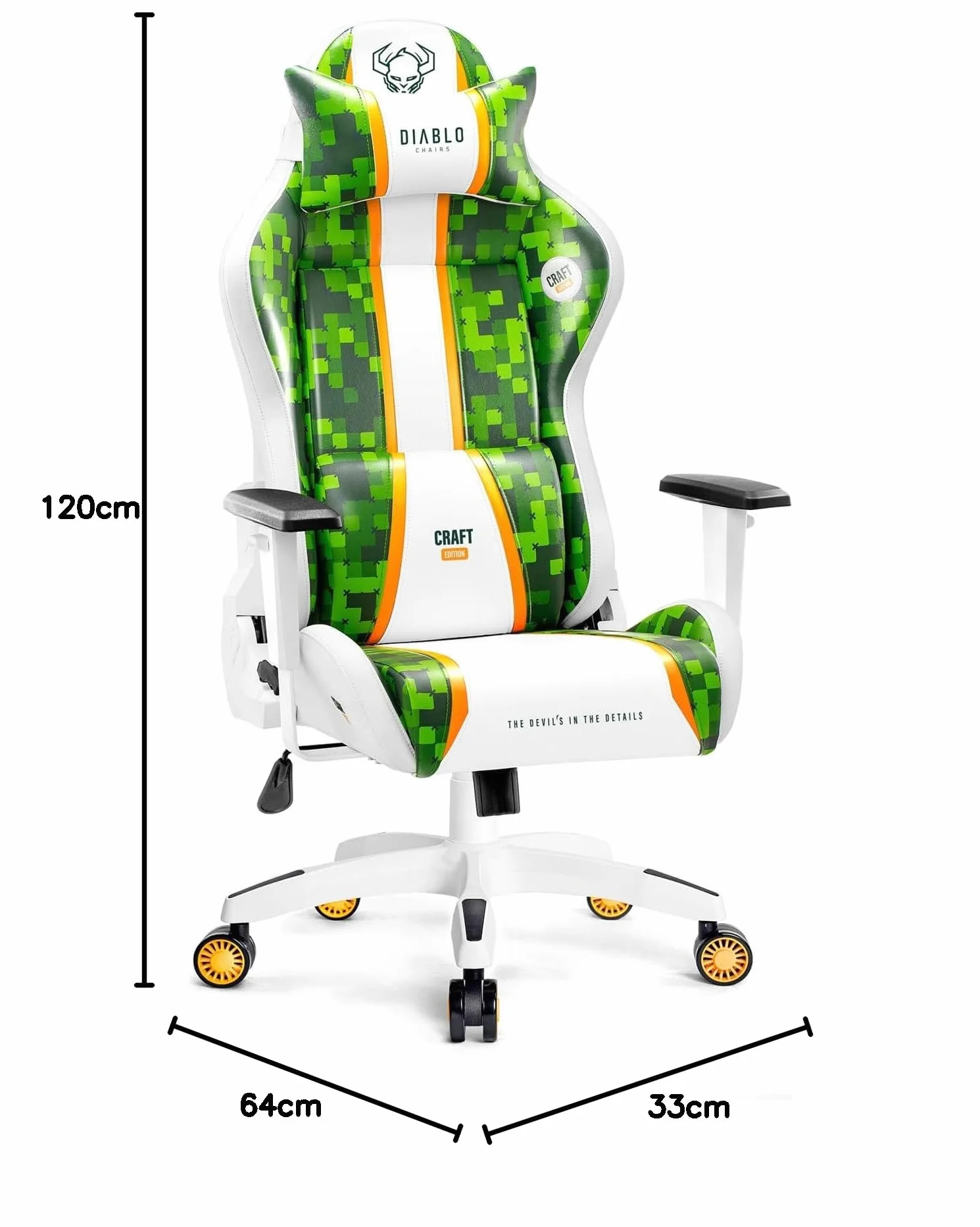 DIABLO Chairs X-One 2.0 Craft Edition Piccola Sedia da Gaming Girevole Sedia da Scrivania Ergonomica con Cuscino Lombare e Poggiatesta Schienale in Ecopelle Regolabile 64x33x120 cm Verde-Bianco