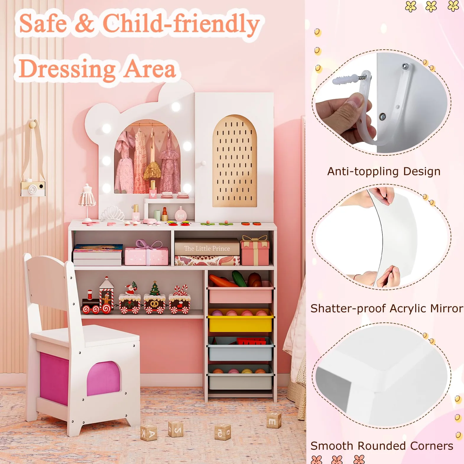 LIFEZEAL Specchiera Trucco per Bambina 3+Anni, con Luci, Sgabello, Sedia, Forma di Orsetto, Toeletta Tavolo, Postazione Makeup, con Armadio, Scomparti, Scatole, Cassetto, Accessori, Cameretta, Bianco