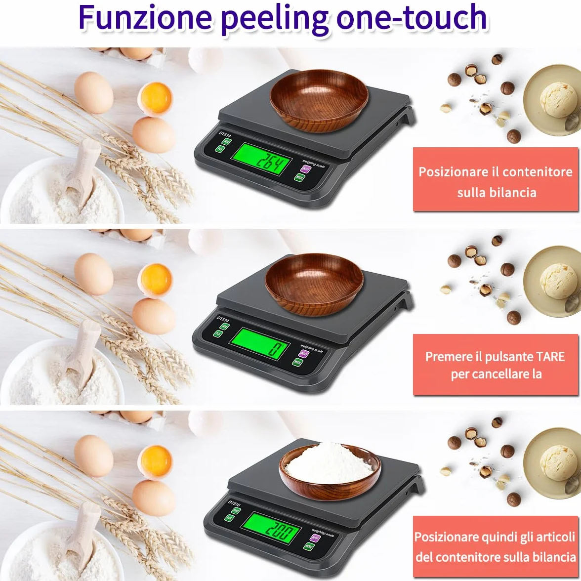 Bilancia Cucina Digitale 30kg Bilancia Professionale per Alimenti Bilancia Cucina con g,oz,lb,kg,TL,ct 6 unità con Funzione PCS e Tare Bilancia da Cucina con Display LCD E Adattatore