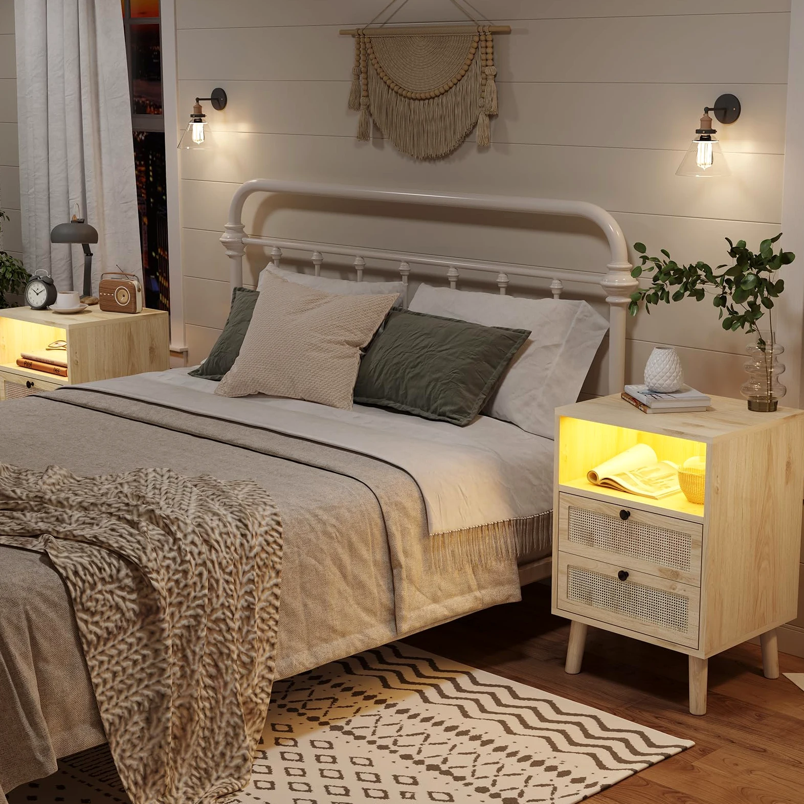 AOGLLATI Comodino Rattan Set di 2 con 2 Cassetti e Scomparto Aperto, Comodino Piccolo con Luci LED, Comodini in Legno Tavolo Laterale Stretto con Gambe in Pino per Soggiorno, Camera da Letto
