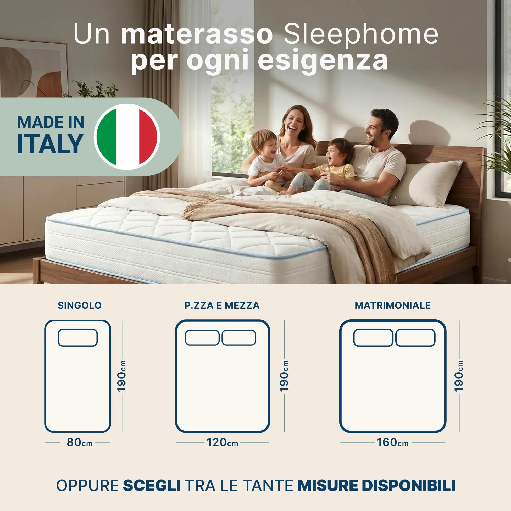 Sleephome Materasso Matrimoniale 160x190 h 20 cm Molle Insacchettate e Memory Lite Vaniglia - Ortopedico, Sostegno Dinamico, Stabilità di Coppia - Made in Italy