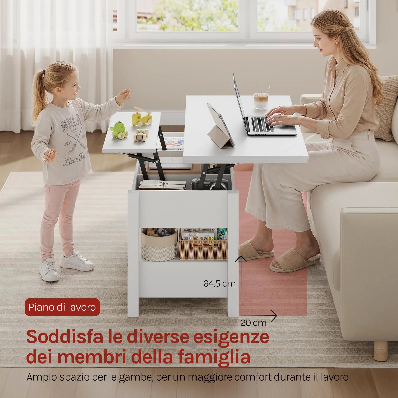 WOLTU Tavolino da Caffè Sollevabile con Spazio Nascosto, Scomparto Aperto e 2 Cassetti, Tavolo Salotto Estensibile Multifunzione per Soggiorno e Studio, Bianco