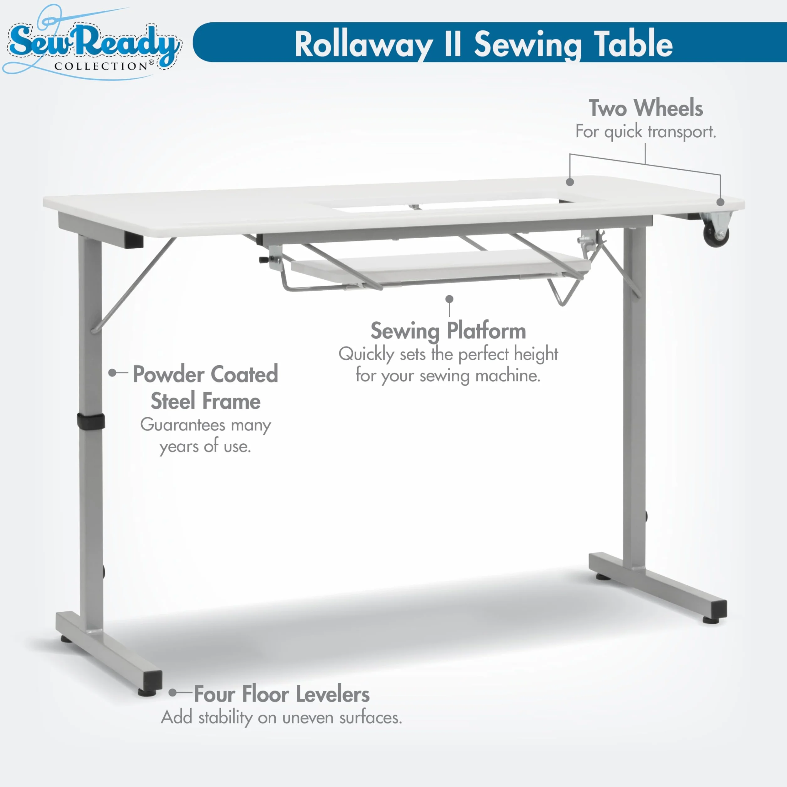 Sew Ready Rollaway II - Tavolo da cucito pieghevole, portatile, compatto, colore: Argento e bianco