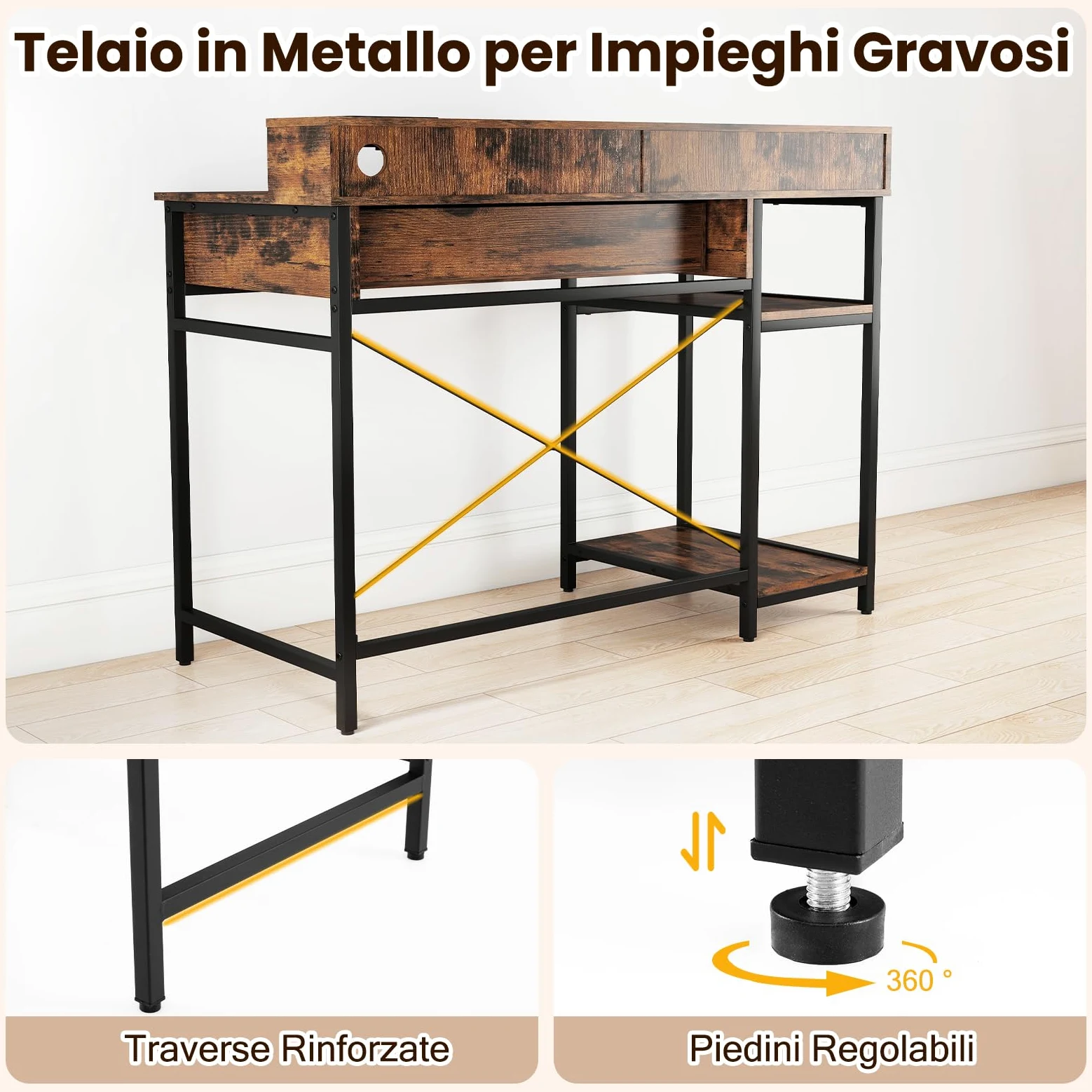 COSTWAY Scrivania Salvasapzio per Computer con Stazione di Ricarica 106 x 48 cm, Mensola sopra Tavolo, Cassetto e Libreria Laterale a 2 Ripiani, Tavolo Industriale per Ufficio e Casa (Marrone Rustico)