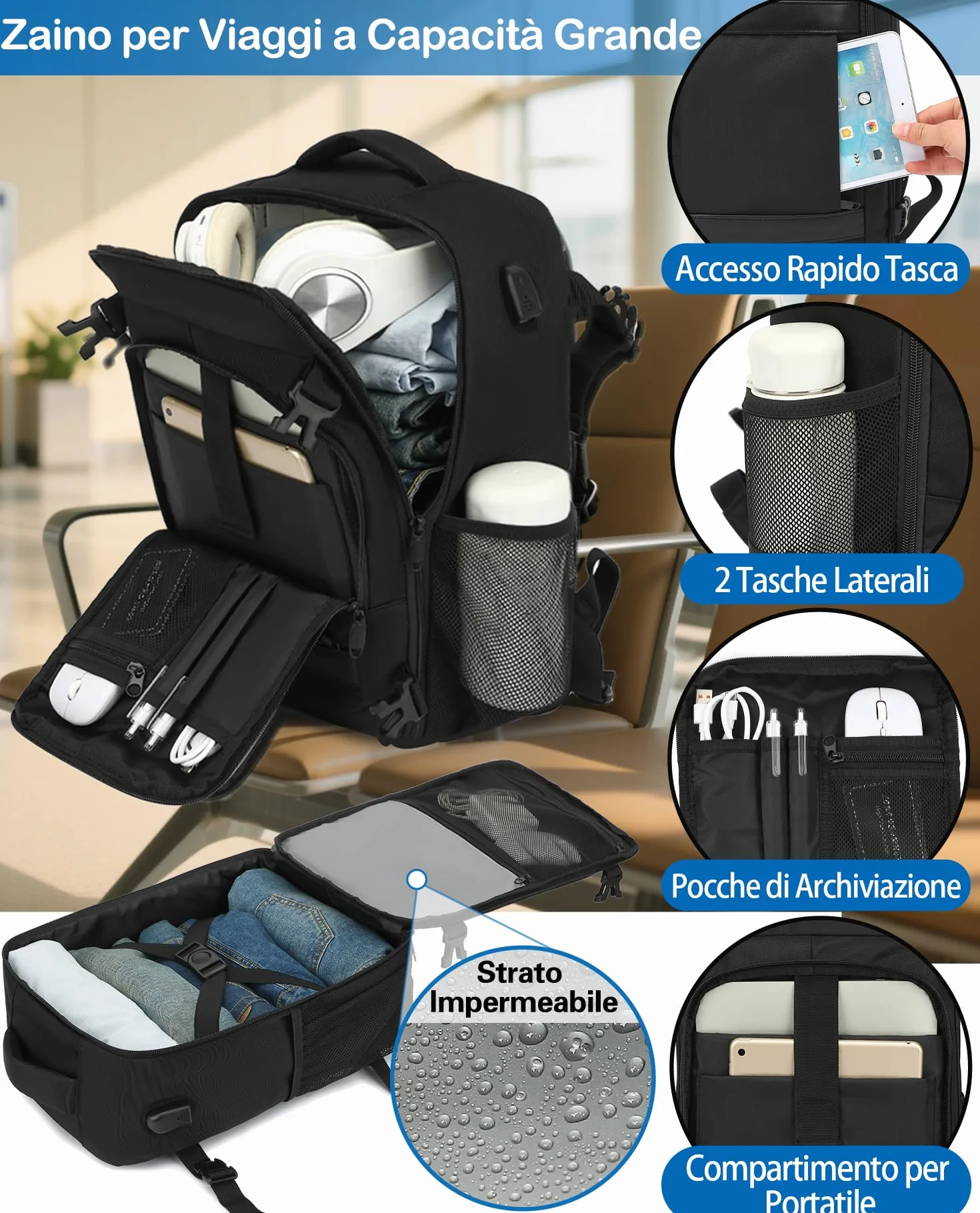 KLOSTAIN Zaino Ryanair 40x20x25 Bagaglio a Mano 20L Borsa da Cabina Nero