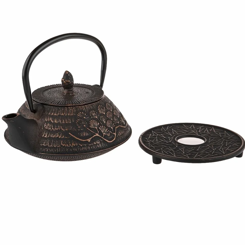 Set da tè in ghisa con motivo a fiori di ciliegio - 1 teiera, 4 tazze e filtro - Capacità 0,8 l - Nero e bronzo