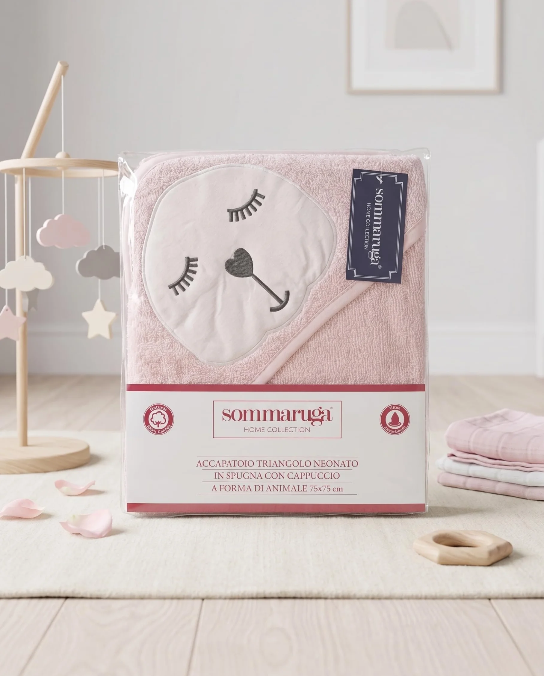Accappatoio Neonato in Spugna 100% Cotone con Cappuccio a Triangolo Animaletto 75x75 cm