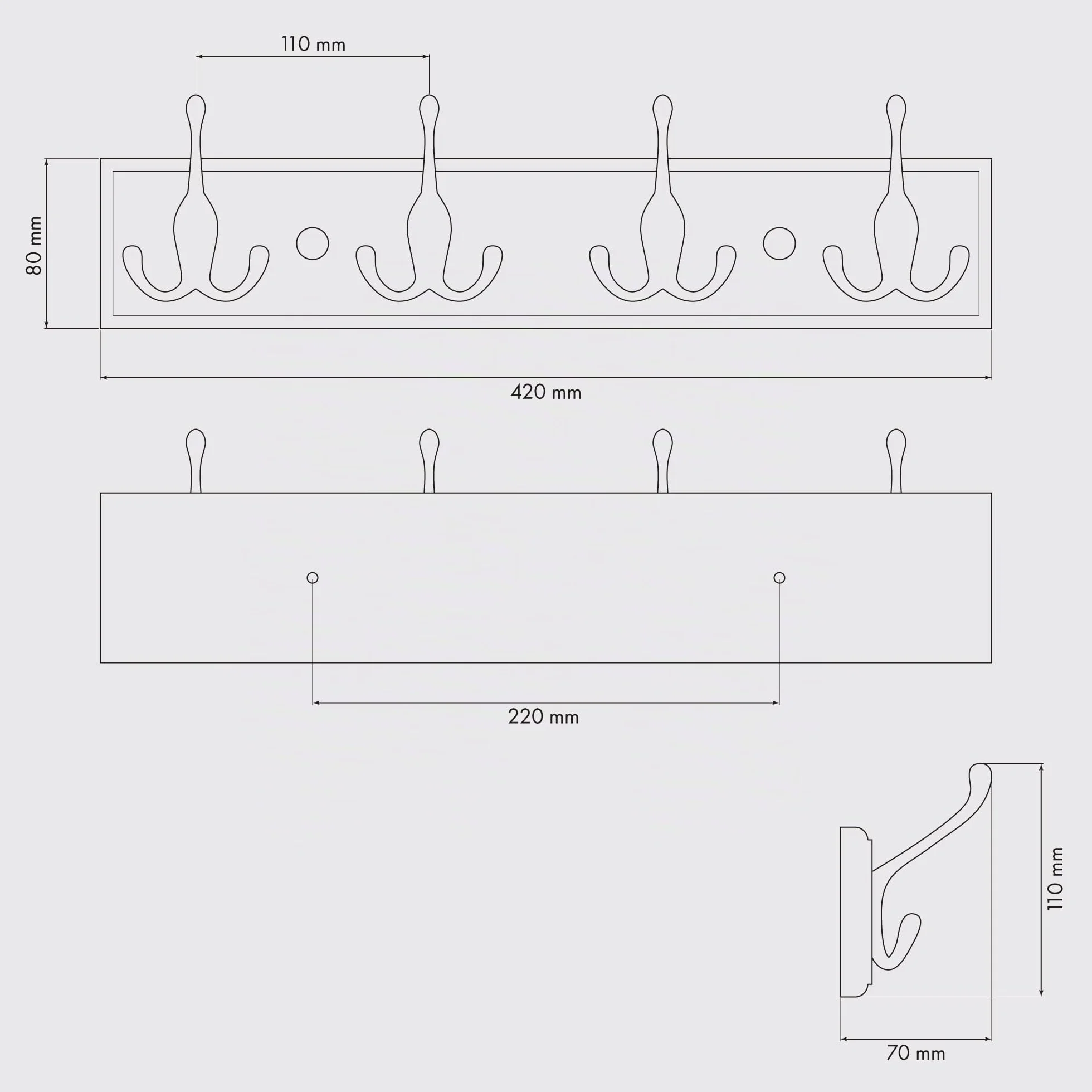 LARHN Appendiabiti da Parete Bianco 42 cm 4 Ganci Tripli Legno Moderno
