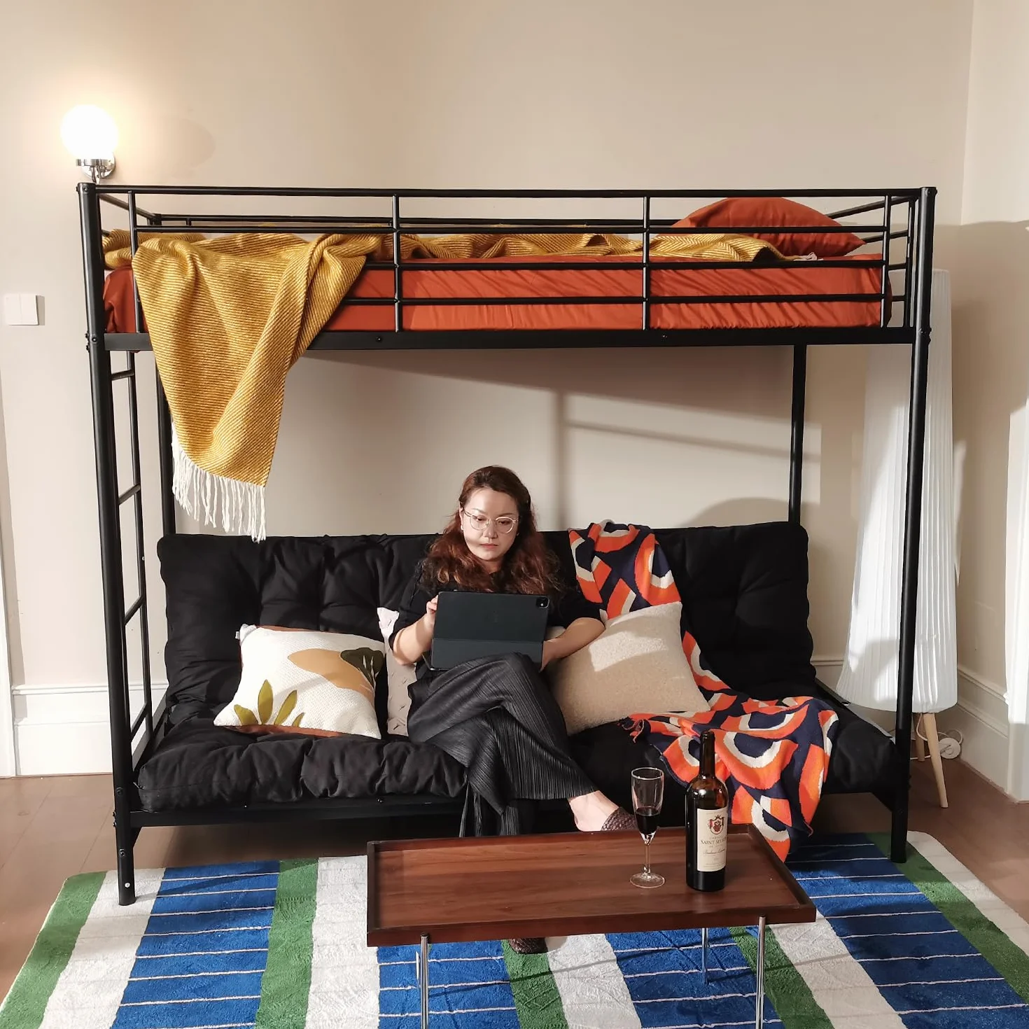 MEUBLE COSY Letto a Castello 90x190 cm con Divano Trasformabile e Rete a Doghe in Metallo, Stile Industriale, Letti per Camerette, Bambini, Adulti, Casa, Nero