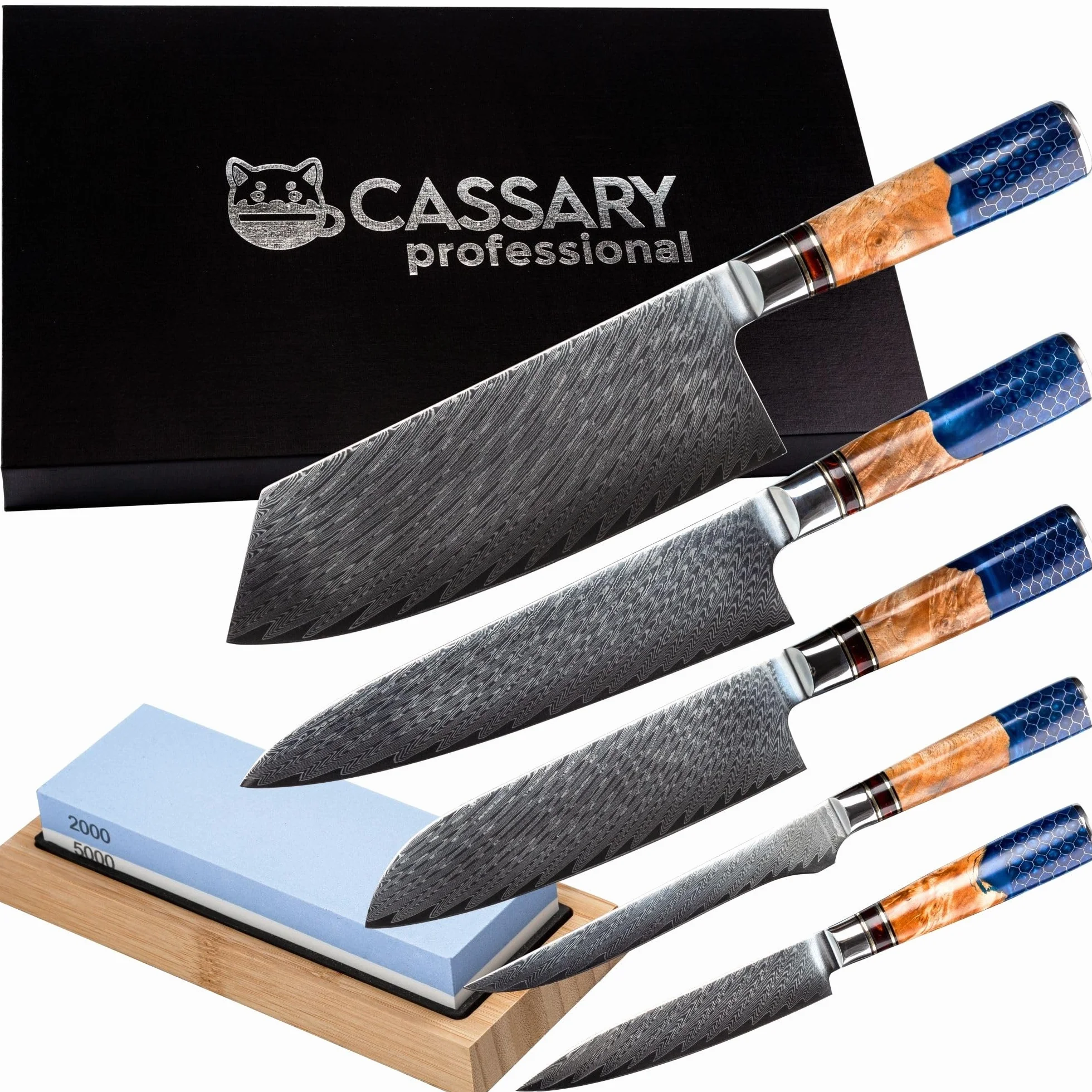 Set coltelli da cucina professionali giapponesi in acciaio damasco con pietra affilacoltelli professionale. Coltello damasco giapponese con pietra per affilare per chefs e amanti della cucina (5 set)