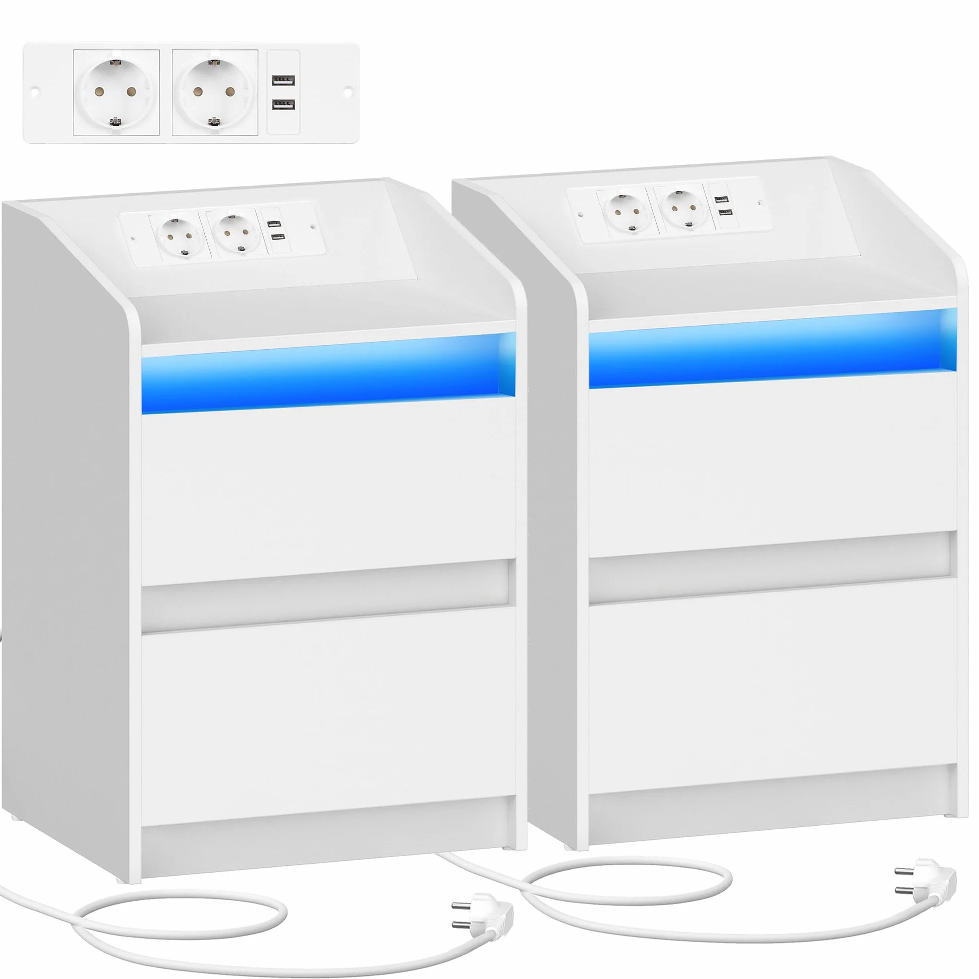 Hzuaneri Comodini set di 2,Luci a LED, Stazione di Ricarica e 2 Cassetti | Tavolino da Notte con Porte USB e Prese di Corrente, Ideale per Soggiorno e Camera da Letto, Bianco NS30103X