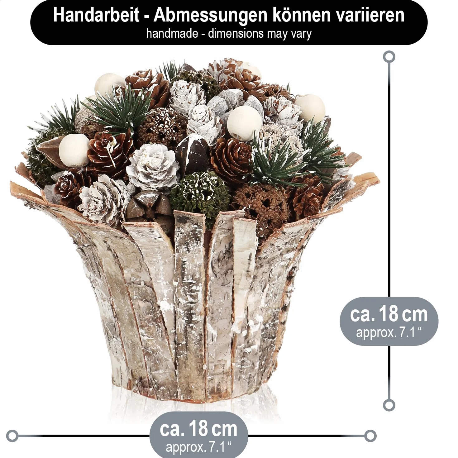 com-four® Composizione natalizia in vaso di fiori - diversi tipi di coni in vaso decorativo di corteccia - composizione floreale fatta a mano (1 pezzo - 18 cm - bianco - perle)