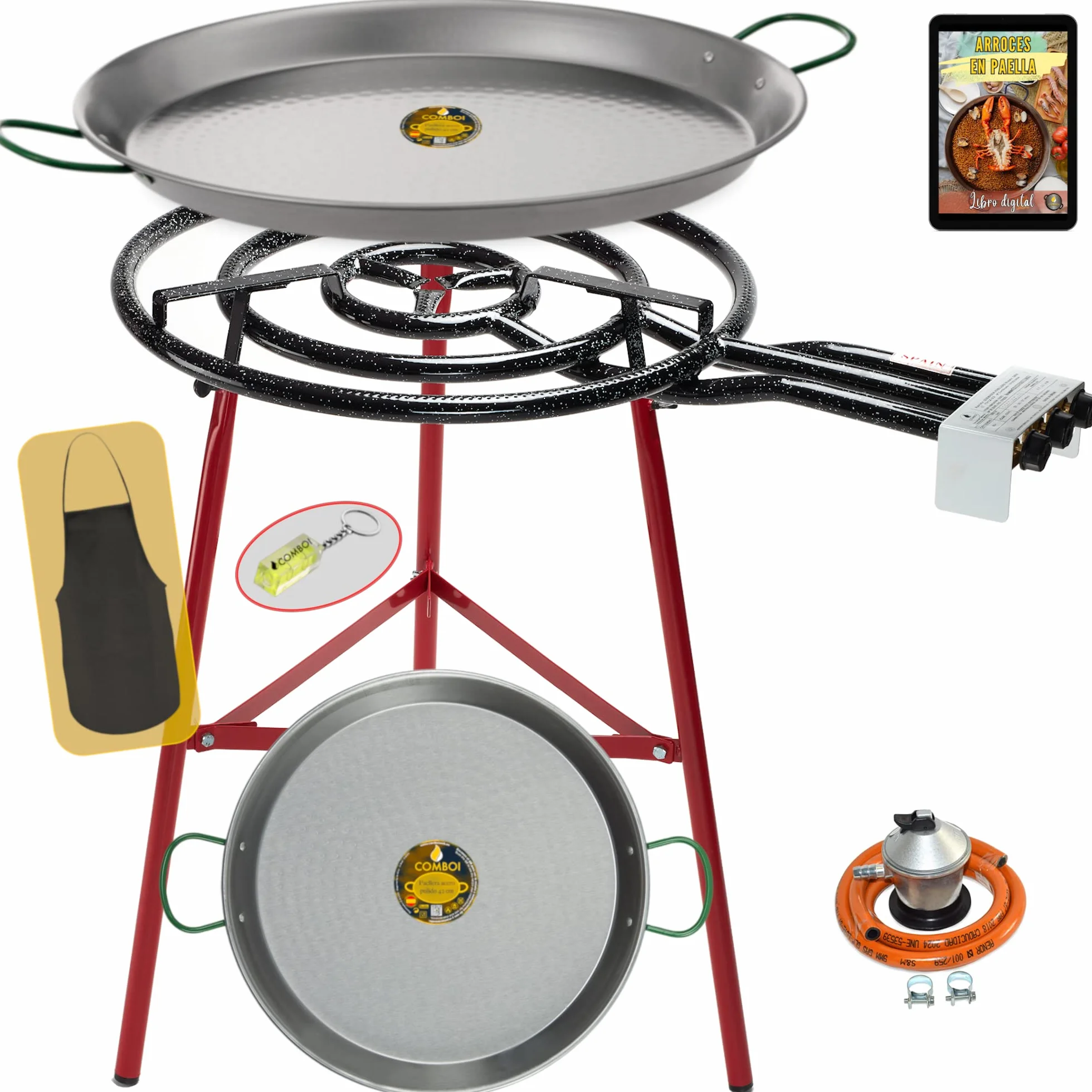 COMBOI - Kit padella per paella e bruciatore a gas butano da 60 cm, padella da 70 cm + 42 cm, regolatore del gas, tubo, supporto gambe rinforzate, livella, grembiule, ricette per paella.