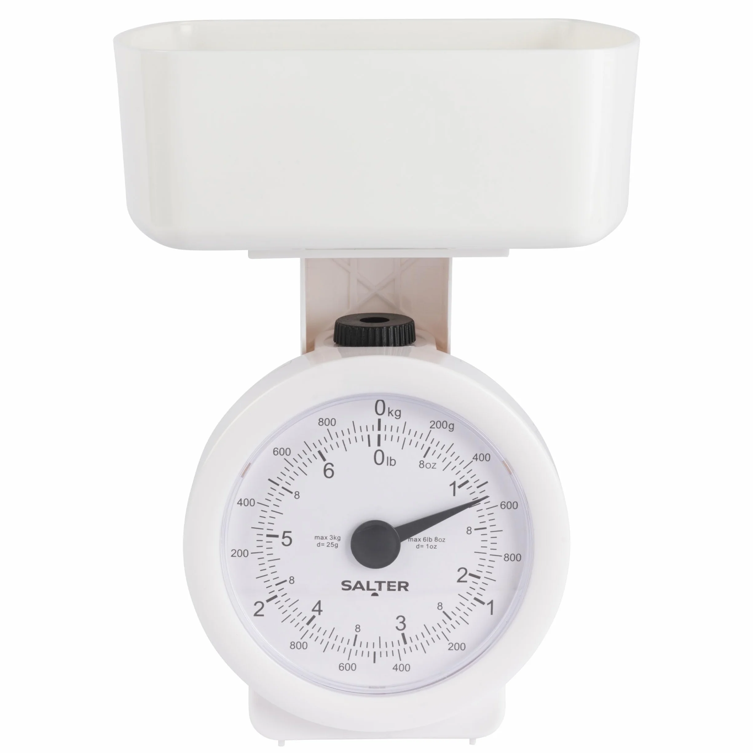 Salter 112 WHWHDR - Bilancia da cucina meccanica, max 3 kg, analogica, quadrante di facile lettura, lavabile in lavastoviglie, ingombro minimo, recipiente rimovibile da 1 l, senza batteria, bianco