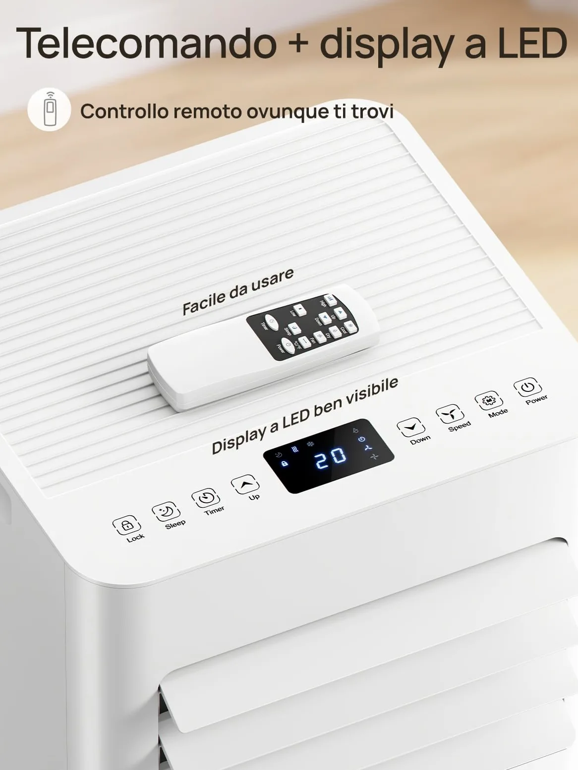 Climatizzatore mobile 9000 BTU, 4 in 1 (raffreddamento/deumidificazione/ventilazione/modalità sleep), telecomando, display LED, timer 24h e sicurezza per bambini, ideale per casa, ufficio, campeggio