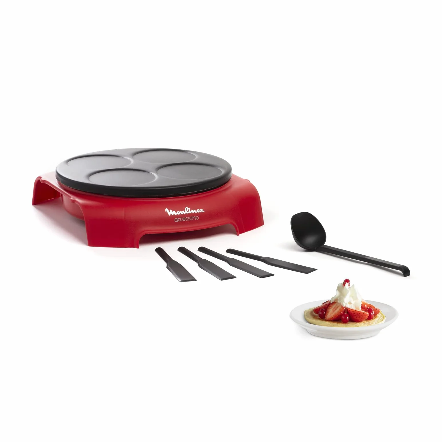 Moulinex Crepera Accessimo Placa Prometal Antiadherente 720W 4 creps espátulas cucharón almacenamiento vertical