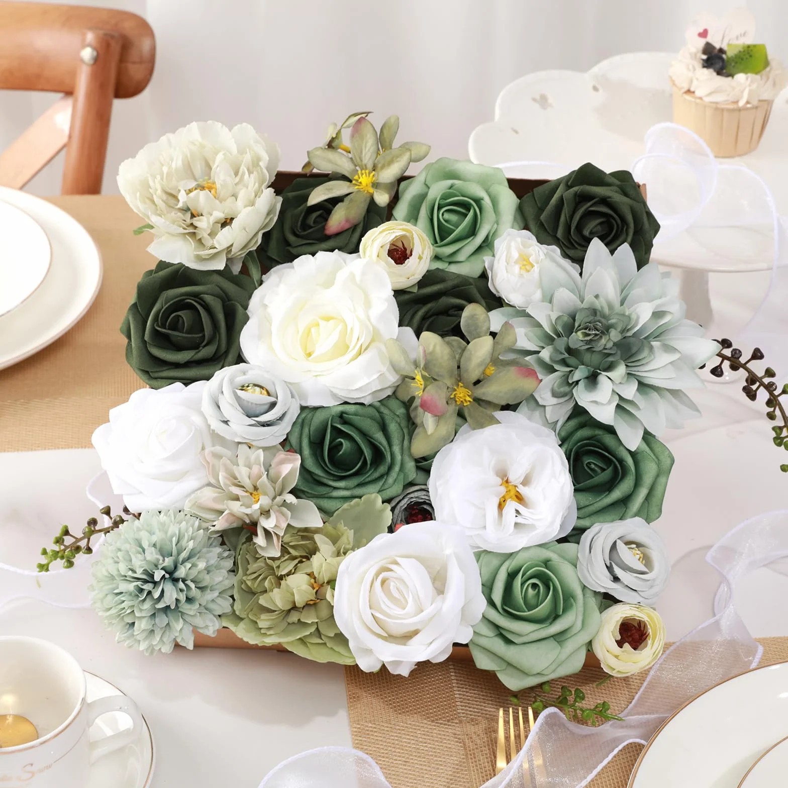 Kisflower Set di fiori artificiali verdi con steli, per bouquet da sposa fai da te, decorazioni per la casa