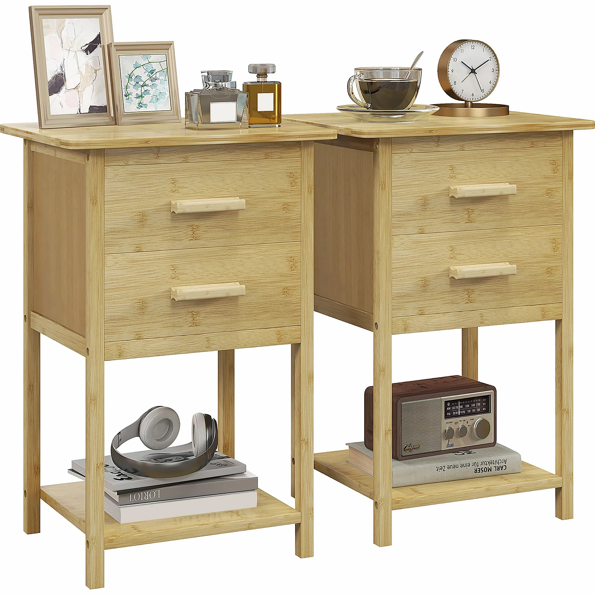 HOMCOM Set 2 Comodini con 2 Cassetti e Ripiano, 40x34x60 cm, Color Legno | Ripiano Inferiore, Stile Nordico, Comodini Moderni in Bambù