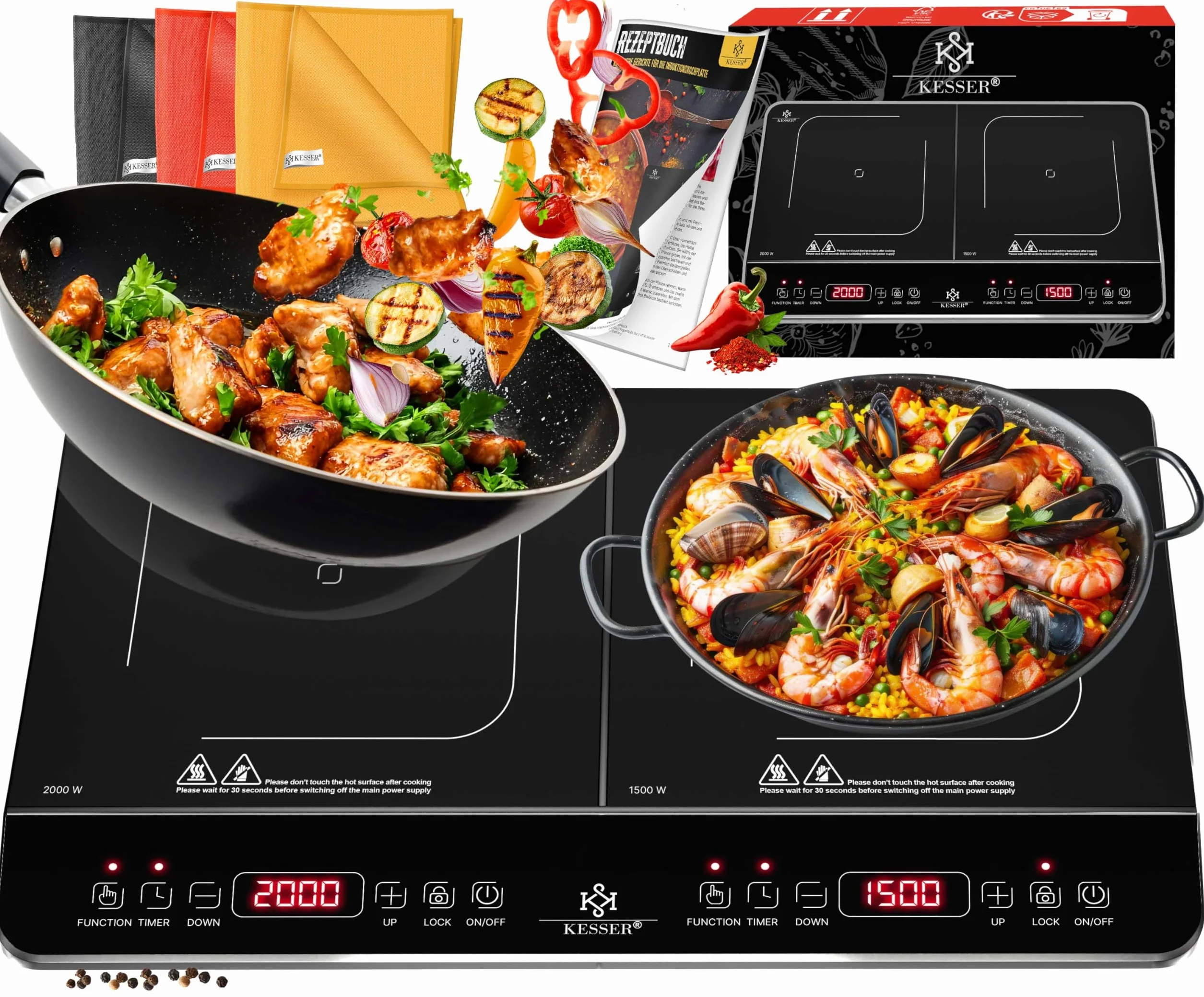 KESSER Piano cottura a induzione 2 piastre 3500W portatile 57 cm, 8 impostazioni calore, timer, touch control, booster