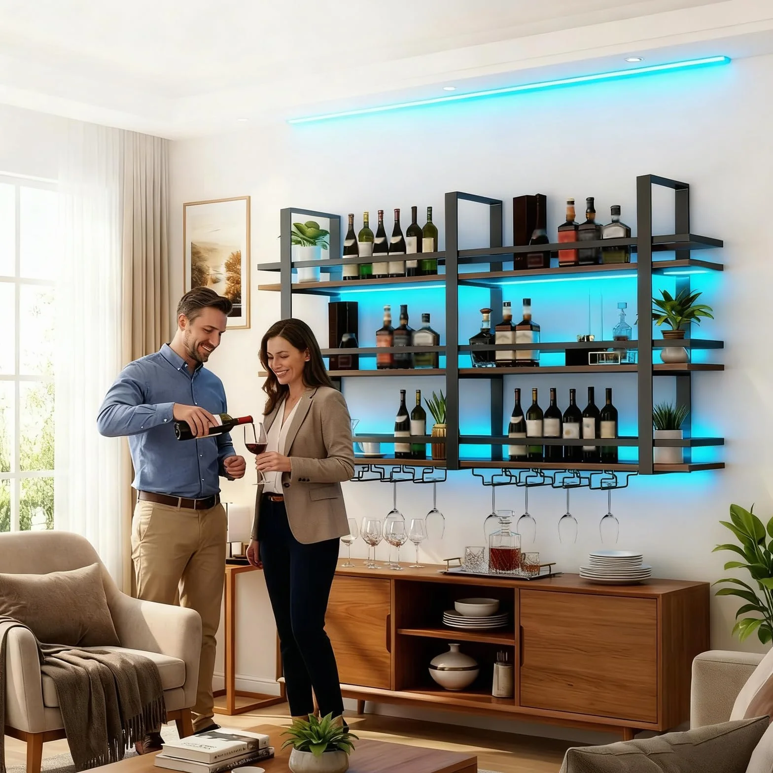 Portabottiglie da Parete con Luce a LED, Mensola Espositivi in Metallo per Bottiglie di Liquori, Espositore di Vino di Grandi Dimensioni, con Portabicchieri per Casa, Cucina, Bar, Sala (nero, 160cm)