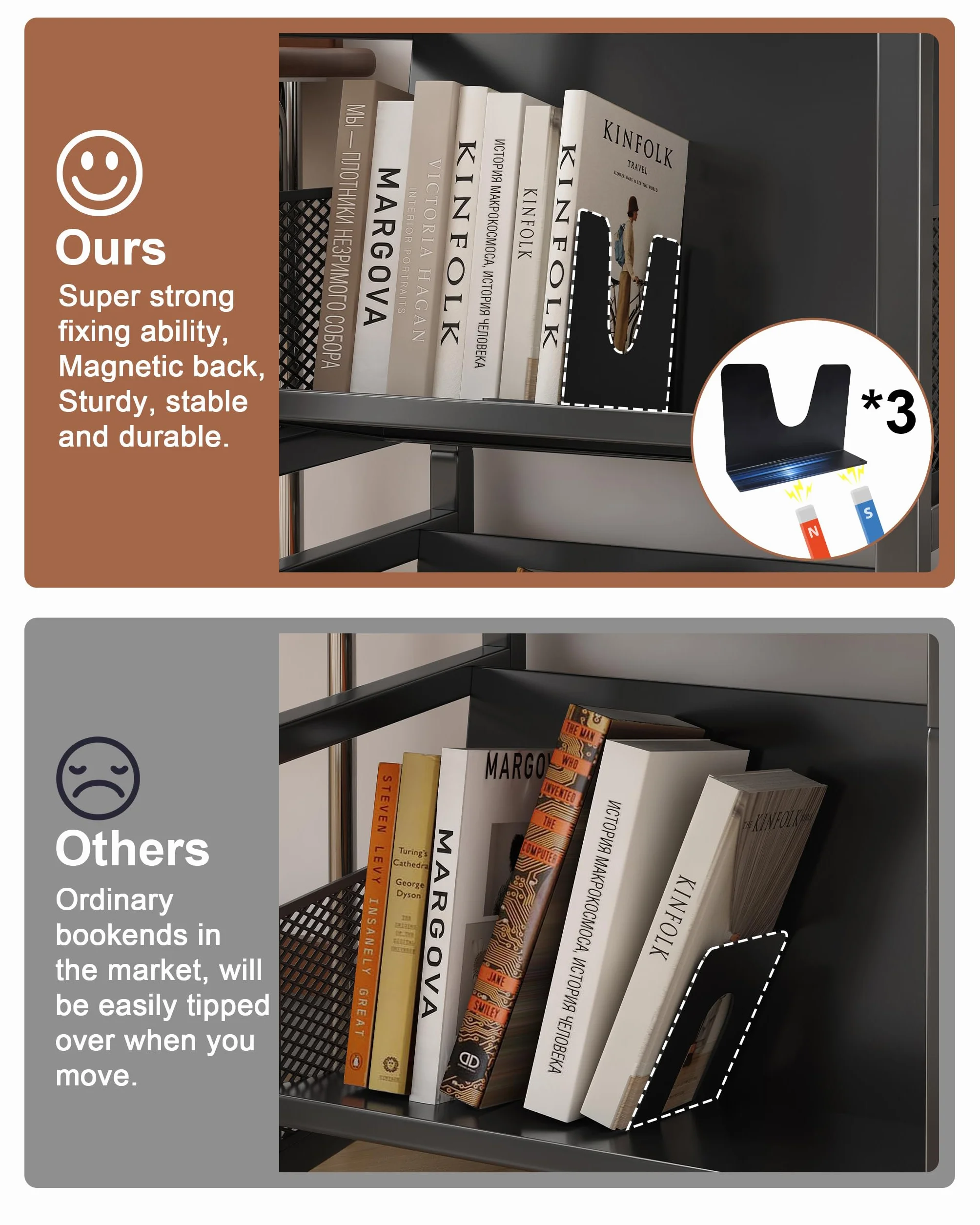 Carrello per Libri con Ruote,Carrello Da Biblioteca con Portata 70kg con Maniglia,Ripiani Piatti a Forma Di L su Un Lato,per Casa,Scuola,con 3 Supporti Magnetici per Libri - Nero