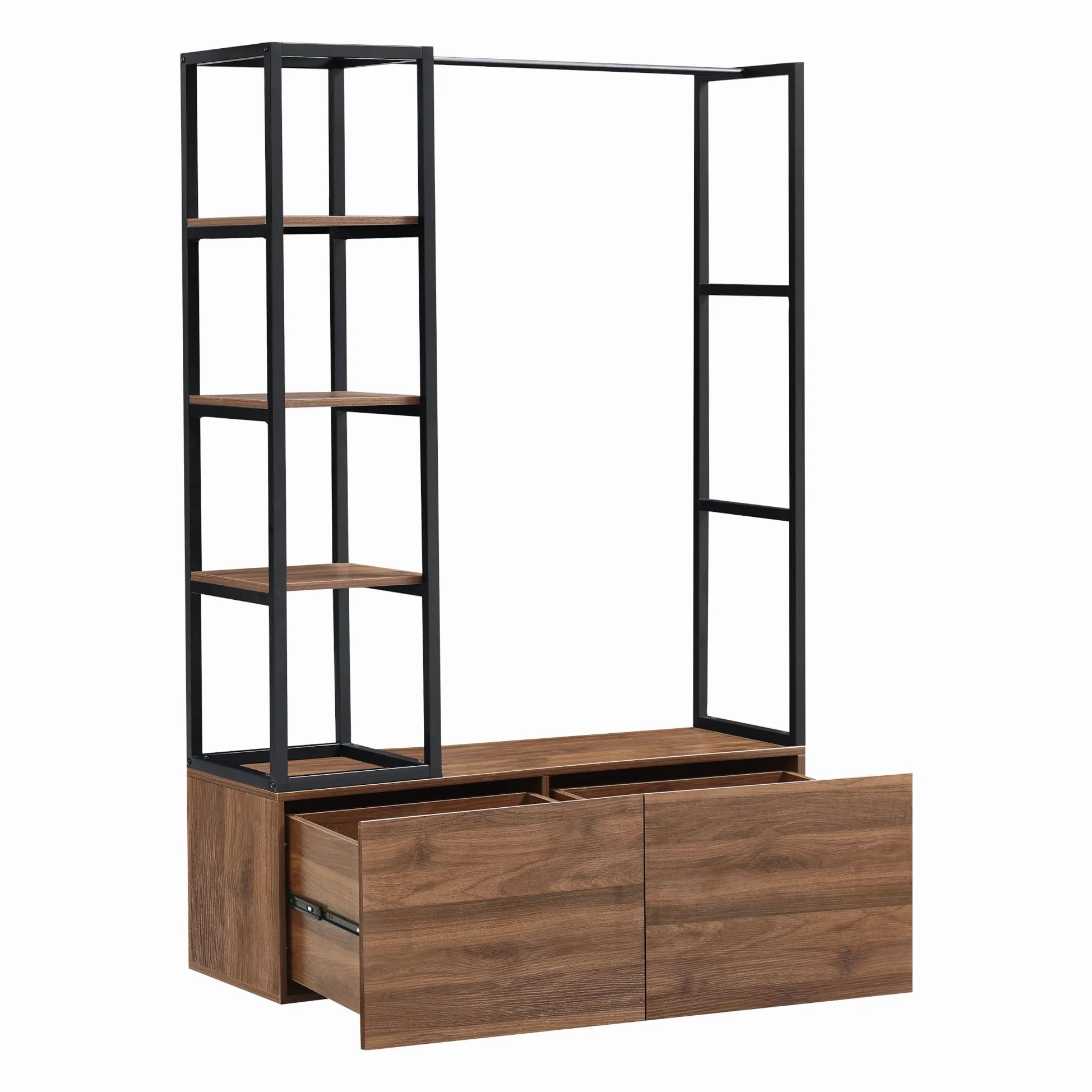 [en.casa] Armadio Aperto per Guardaroba Porta Abiti da Camera Appendiabiti da Terra 180 x 120 x 40 cm Mobile Organizzatore con Cassetti Ripiani e Asta Barra - Color Noce/Nero