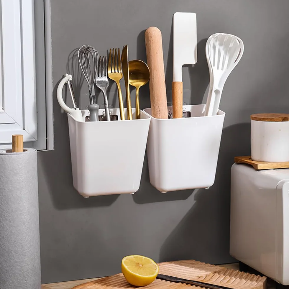 Scatola di Archiviazione Porta Cucina 4 Pezzi, Scatola di Stoccaggio Adesiva a Parete, Organizzatore per Armadio/Bagno/Frigorifero