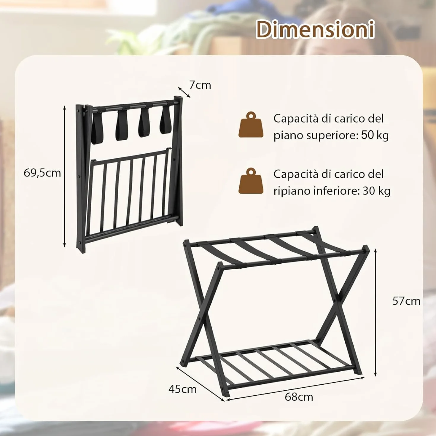 SOARS Portavaligie Pieghevole in Metallo 2 Pezzi 68x45x57 cm Cavalletto Reggivaligie Multiuso con 2 Ripiani Portata 80 kg Nero