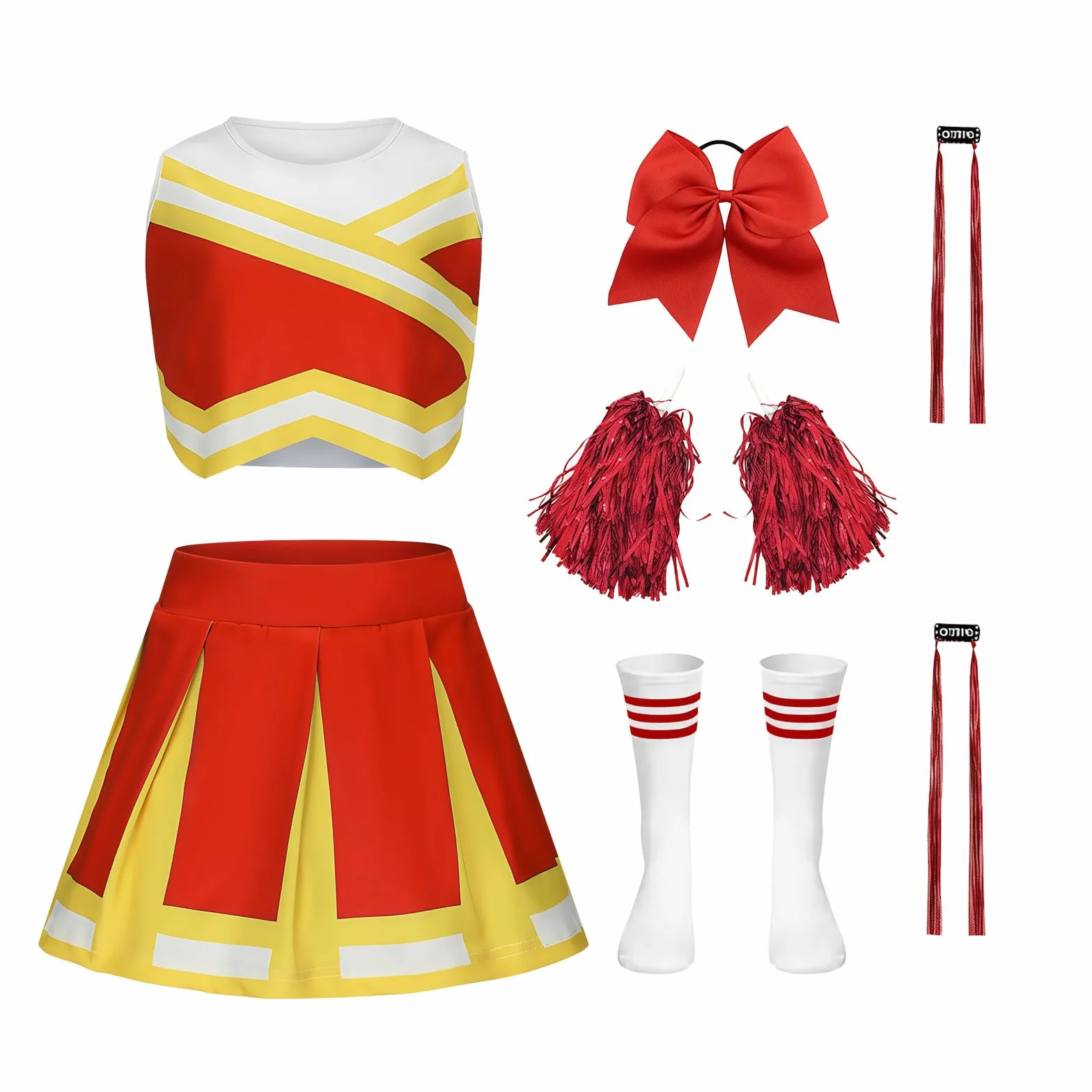 Costume Cheerleader per Bambina con Parrucca Brillante, Pompon e Fiocco per Carnevale Halloween