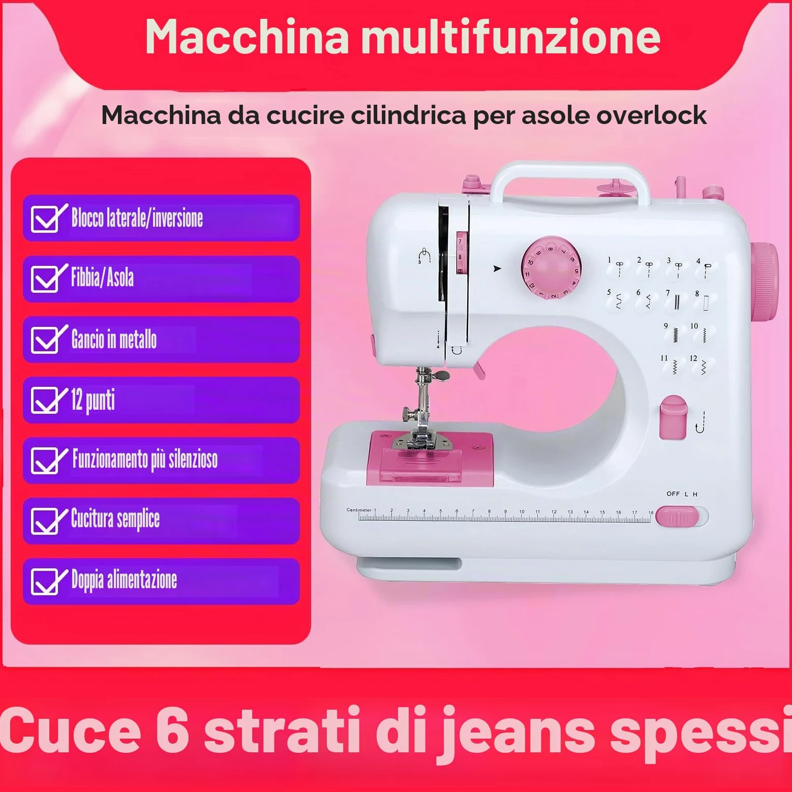 ZPSHYD Macchina da cucire multifunzione a 12 punti, doppia linea, domestica, overlock a due velocità, per bambini e principianti, rosa