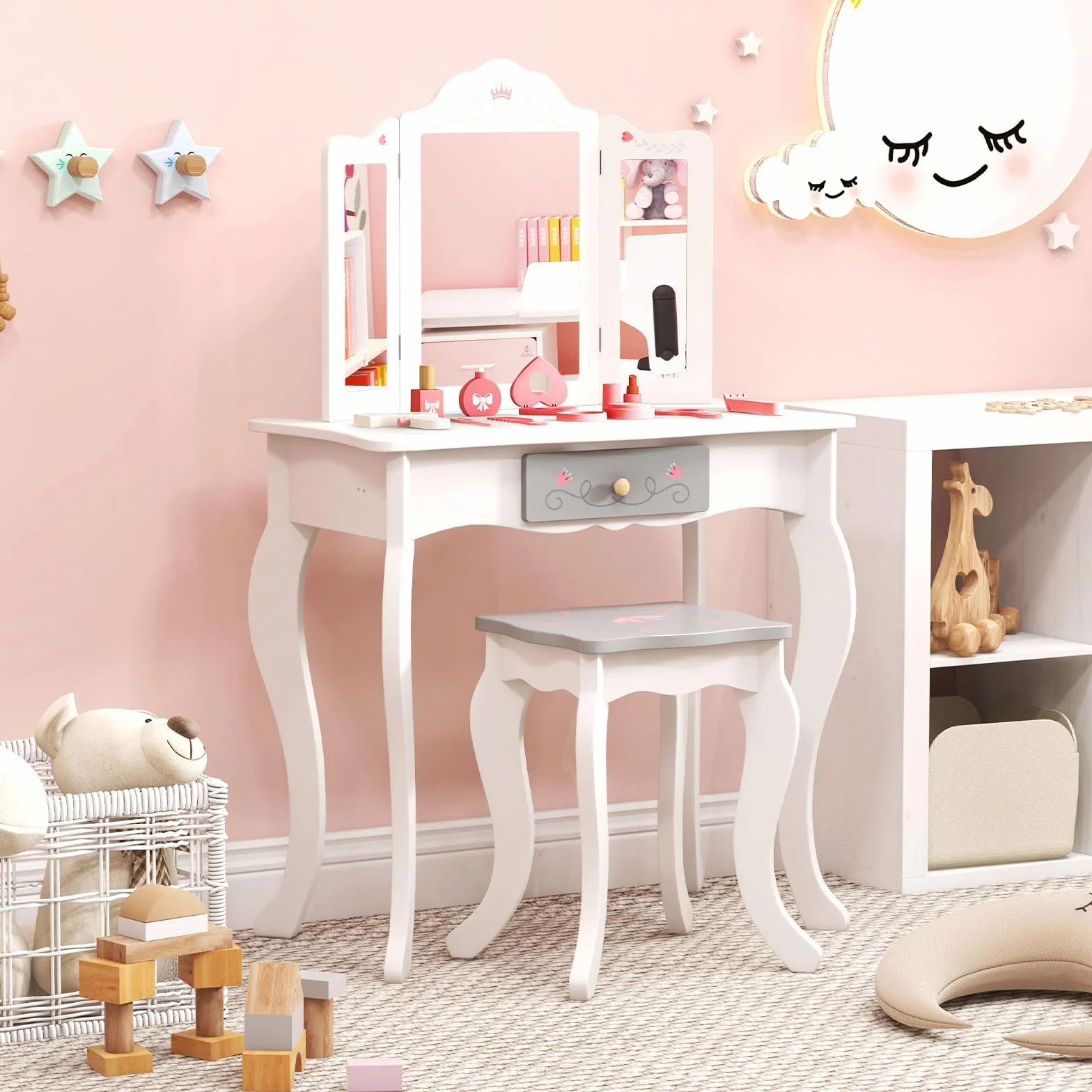 LIFEZEAL 2 in 1 Toeletta con Specchio Rimovibile e Sgabello per Bambini, Tavolo da Trucco in Legno con 10 Giocattoli per Ragazze di 3+ Anni, Portata di 50 kg, Rosa e Bianco (Specchio Triplo)
