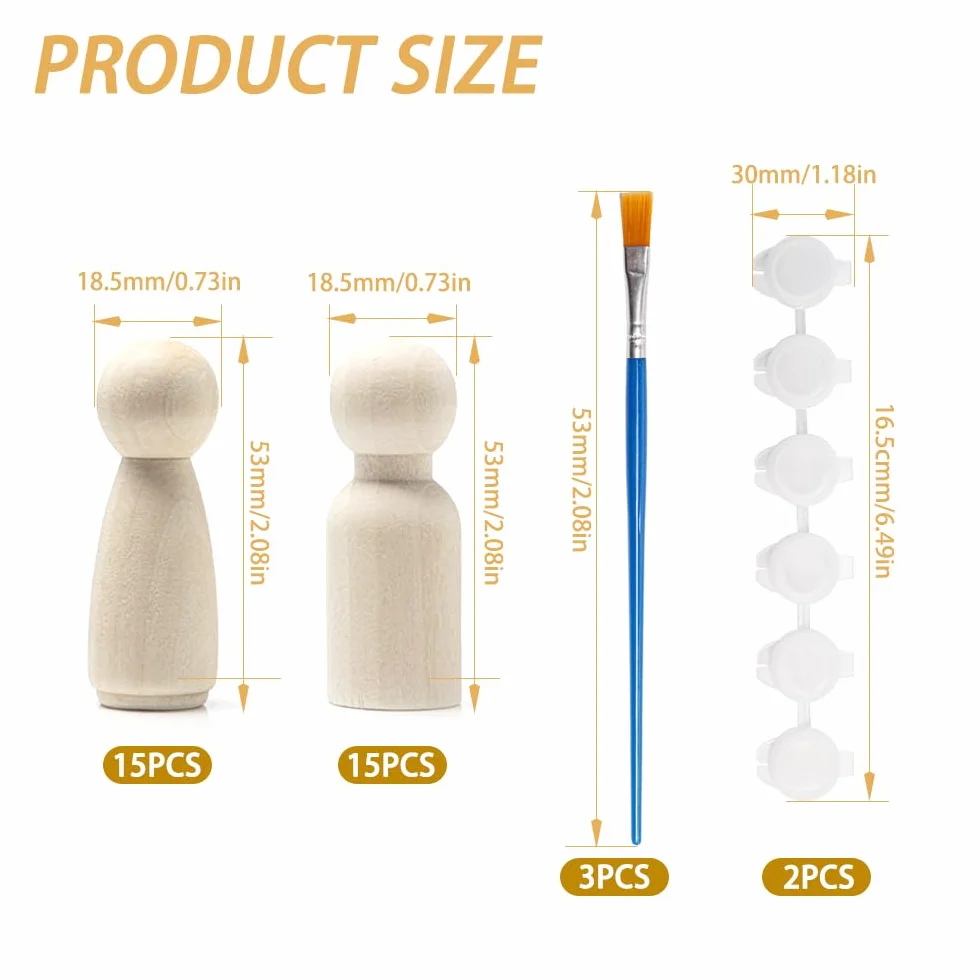 30 Pezzi Kit di Figure In Legno da Dipingere Bambole di Legno Fai da Te da Colorare Persone Piccole con Pennelli e Strisce di Vernice per DIY Artigianato, 53 mm
