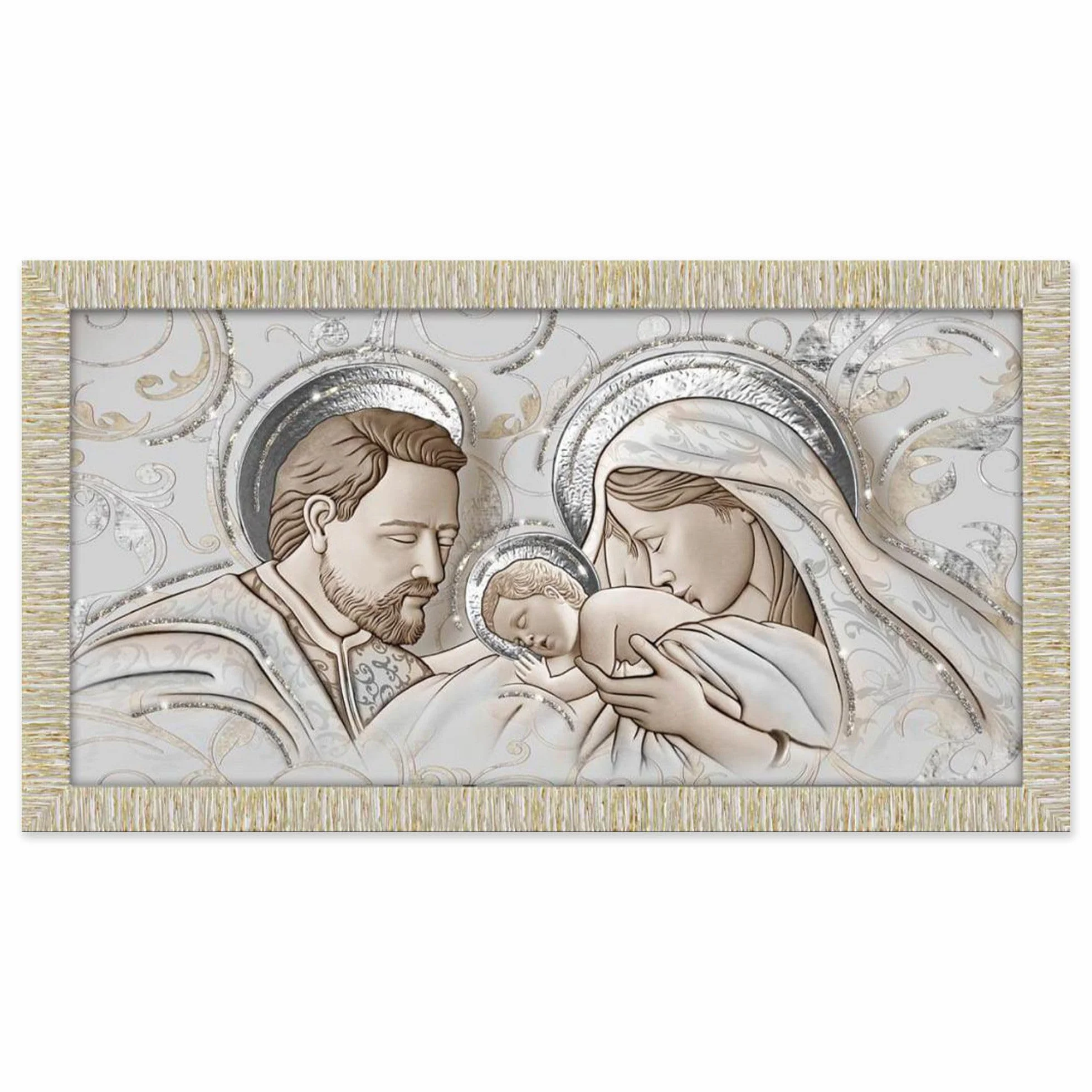 Quadro Moderno The Kiss Ceramic Mix Sacra Famiglia GIOVY Decorazione Glitter Cornice Legno Striata Oro 60x110 cm Stampa su Legno