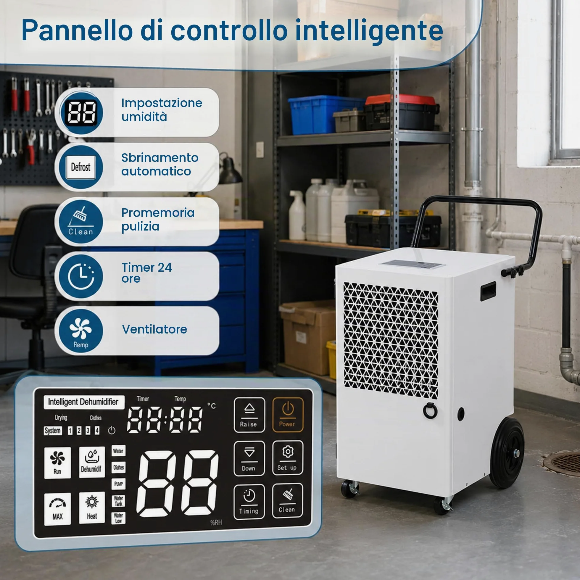 Deumidificatore Professionale Commerciale 120L: Deumidificatore Professionale Scarico Continuo Tubo 2m R290 Compressore 300m²/600m³ per Magazzino Garage Officina Cantina Lavanderia Deposito
