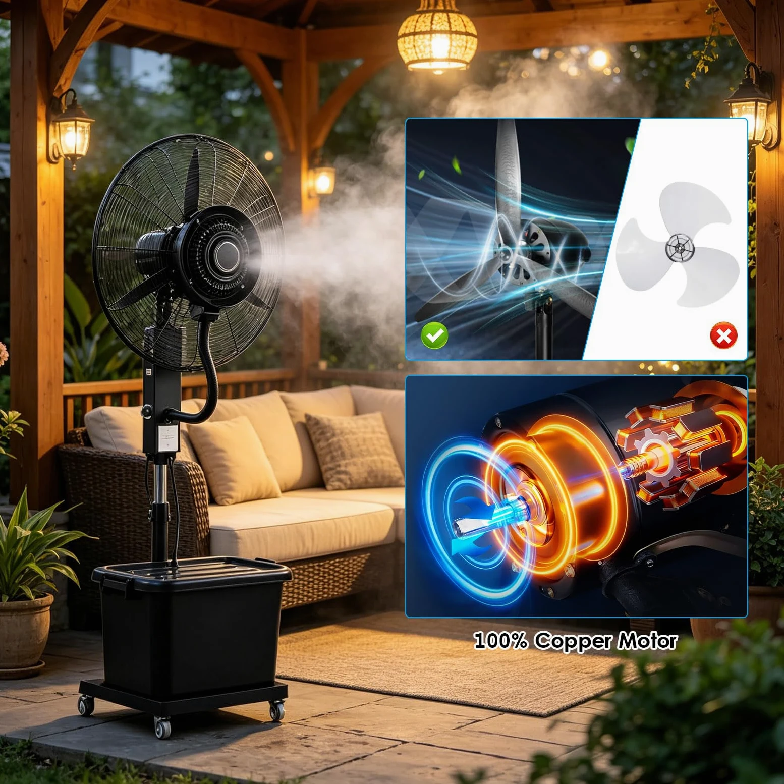 Ventilatore a Nebulizzazione Industriale da Esterno, Raffrescatore ad Acqua Professionale con Serbatoio 42L, 3 Velocità, Oscillazione 90°, per Officina, Patio e Terrazza,71cm,Altezza 160-200cm