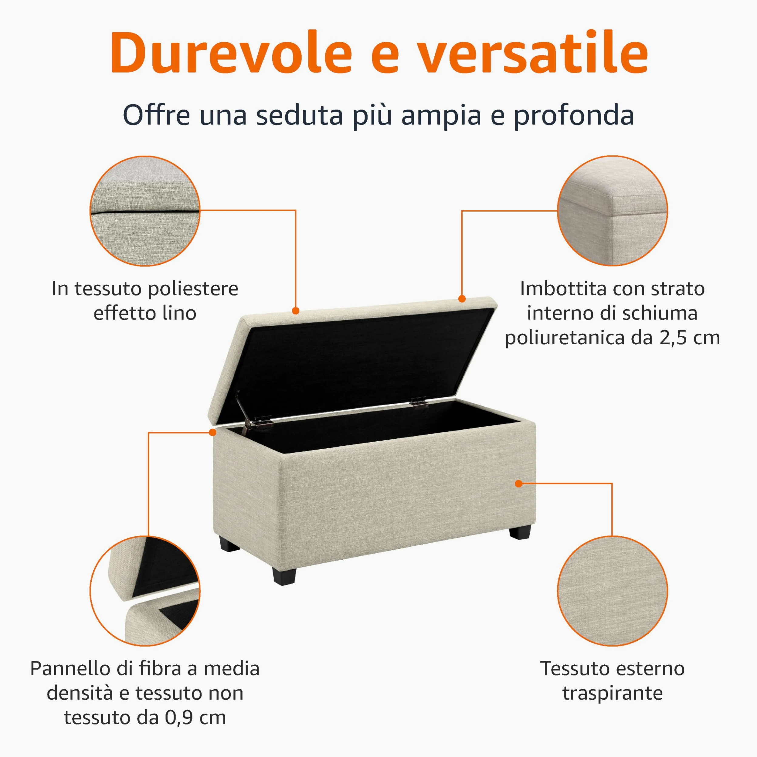 Amazon Basics Pouf rettangolare imbottito Poliestere, contenitore portaoggetti e panca da ingresso, poggiapiedi, Beige, 42 x 91 x 43 cm (L x P x A)