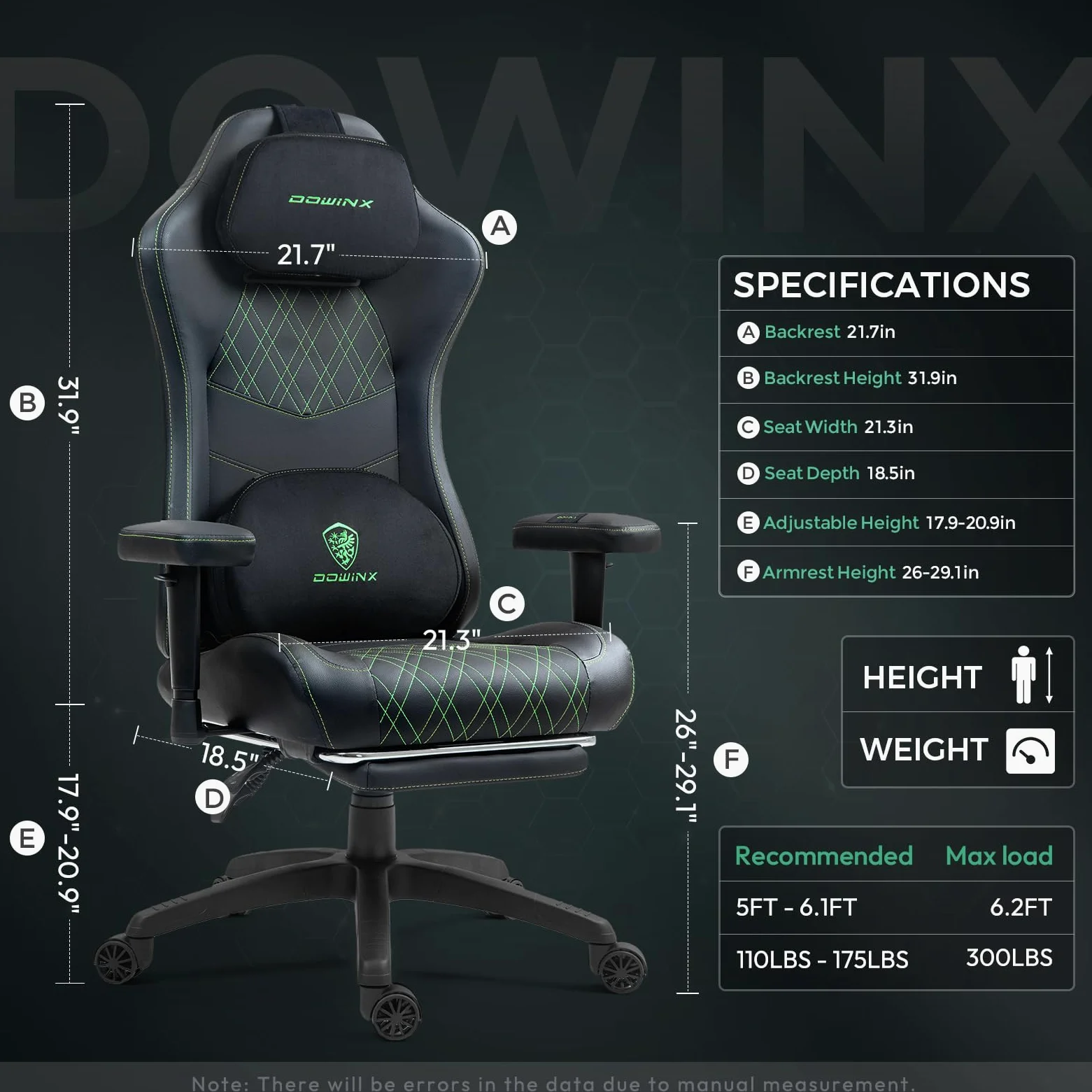 Dowinx Sedia gaming ergonomica per ufficio con massaggio e calore, cuscino a molle traspirante come nel divano, regolabile in PC con poggiapiedi