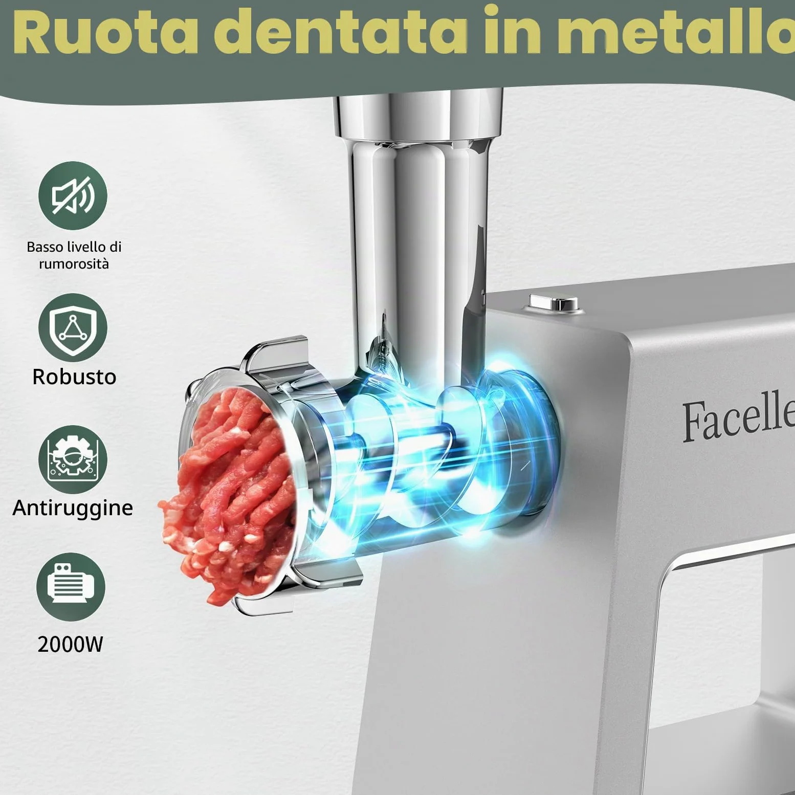 Facelle Tritacarne Elettrico per un Uso Familiare, 2000 W Max, con 3 Piastre Abrasive in Acciaio Inox, 1 Cubo e 1 Tubo di Riempimento per Salsicce, Tritacarne per Hamburger, Kibbeh e Cibo per Cani