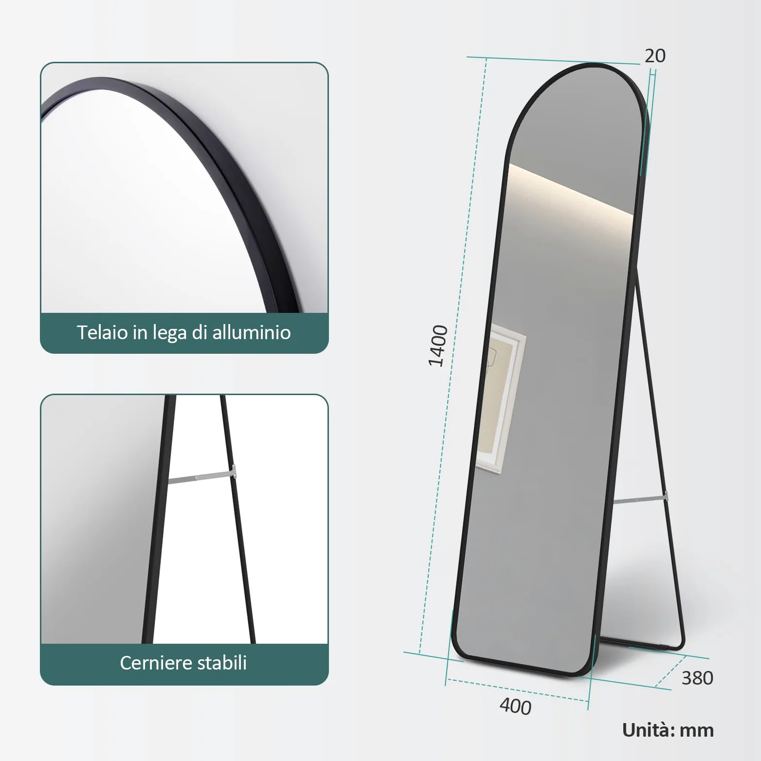EMKE Specchio ad Arco da Terra, Nero, 140x40 cm, Grande Specchio a Figura Intera, da Appoggiare o da Fissare, Specchio da Parete, Ideale per Camera da Letto, Soggiorno o Ingresso