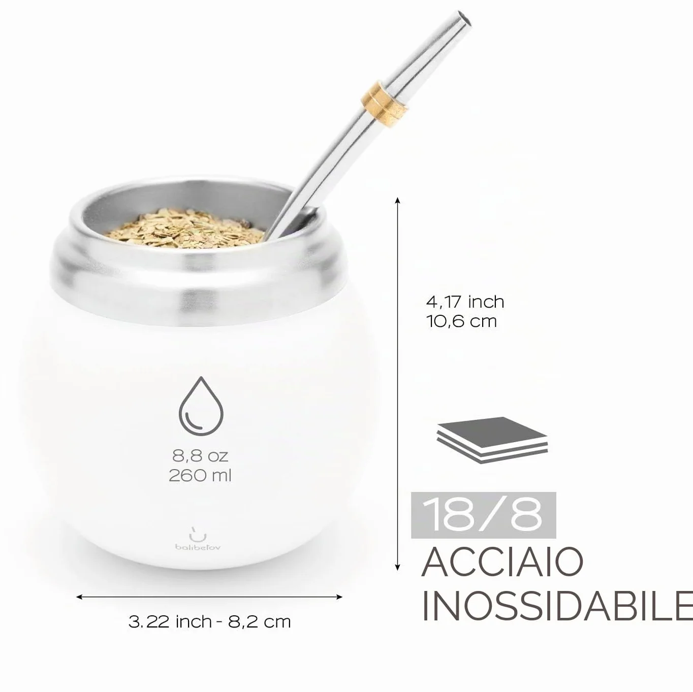 BALIBETOV Mate Argentino Kit Yerba Mate Tazza Acciaio Inossidabile Doppia Parete Termica Bombilla Bianco