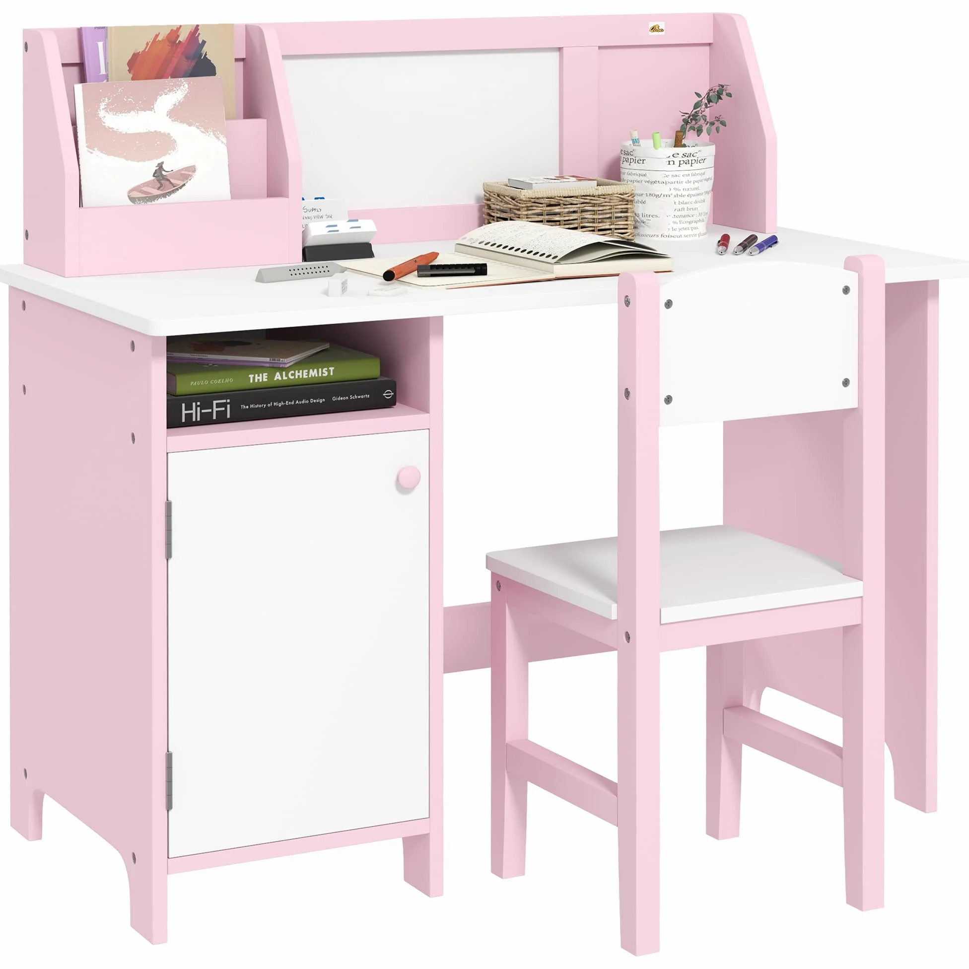 HOMCOM Set Tavolo e Sedie per Bambini 5-8 Anni in Legno con Banco Scuola, Set di Mobili per Bambini con Spazio Portaoggetti e Lavagna Bianca e Sedia, Bianco e Rosa